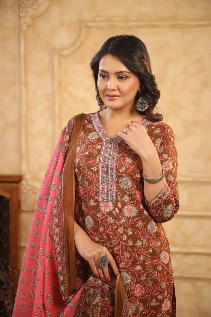 Brown With Pink Kurta Pant And Dupatta