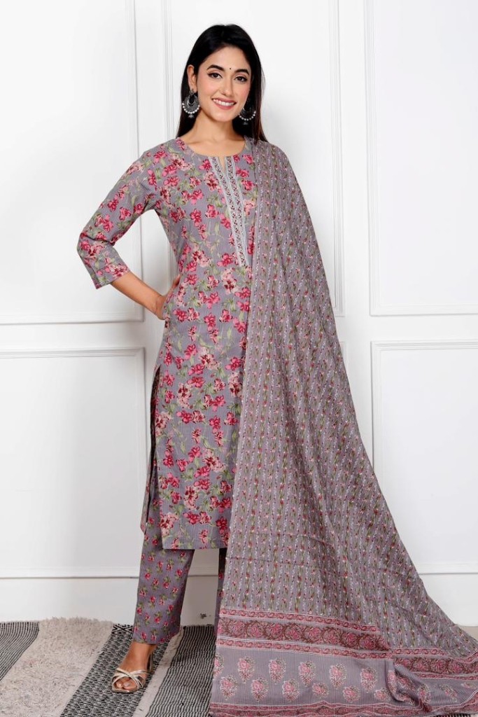 Gray With Pink Floral Print  Kurta Pant Dupatta Set