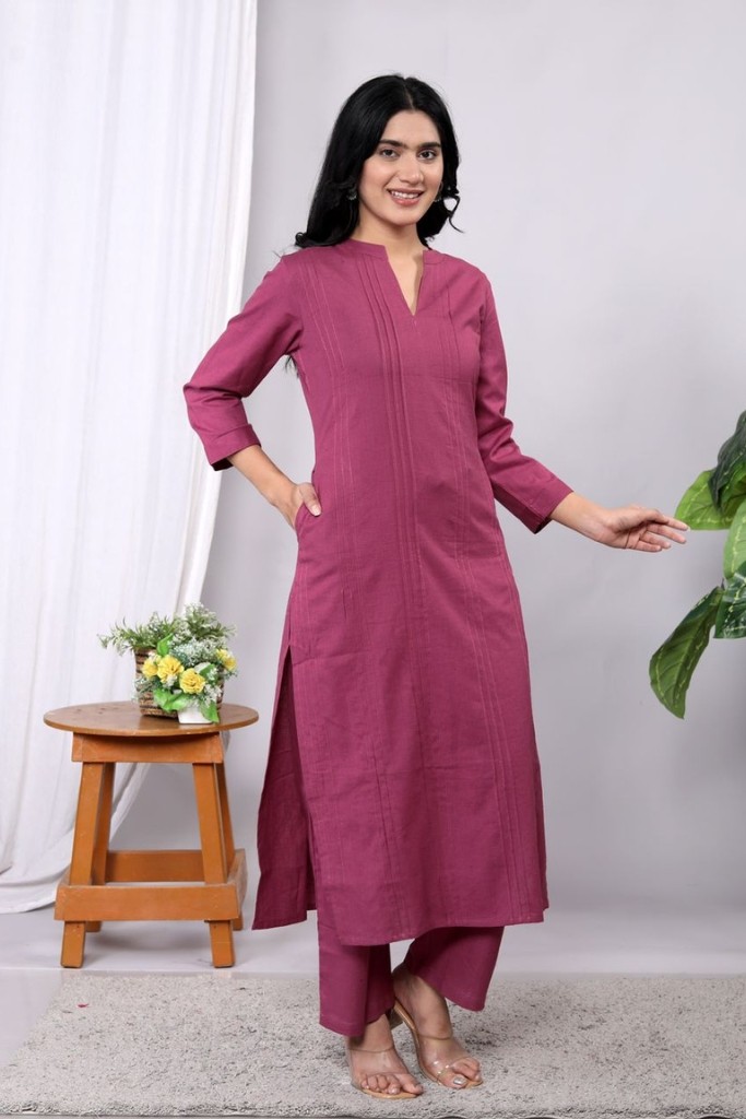 Dark Pink Kurta Pant Set (Flax Cotton Linen)