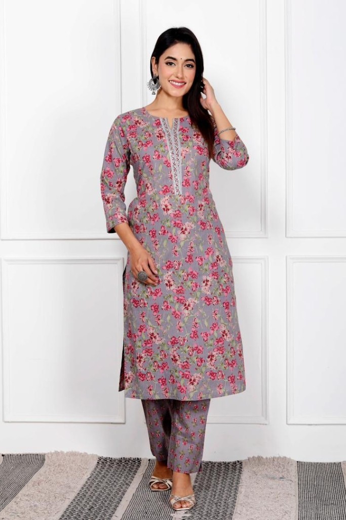 Gray With Pink Floral Print  Kurta Pant Dupatta Set