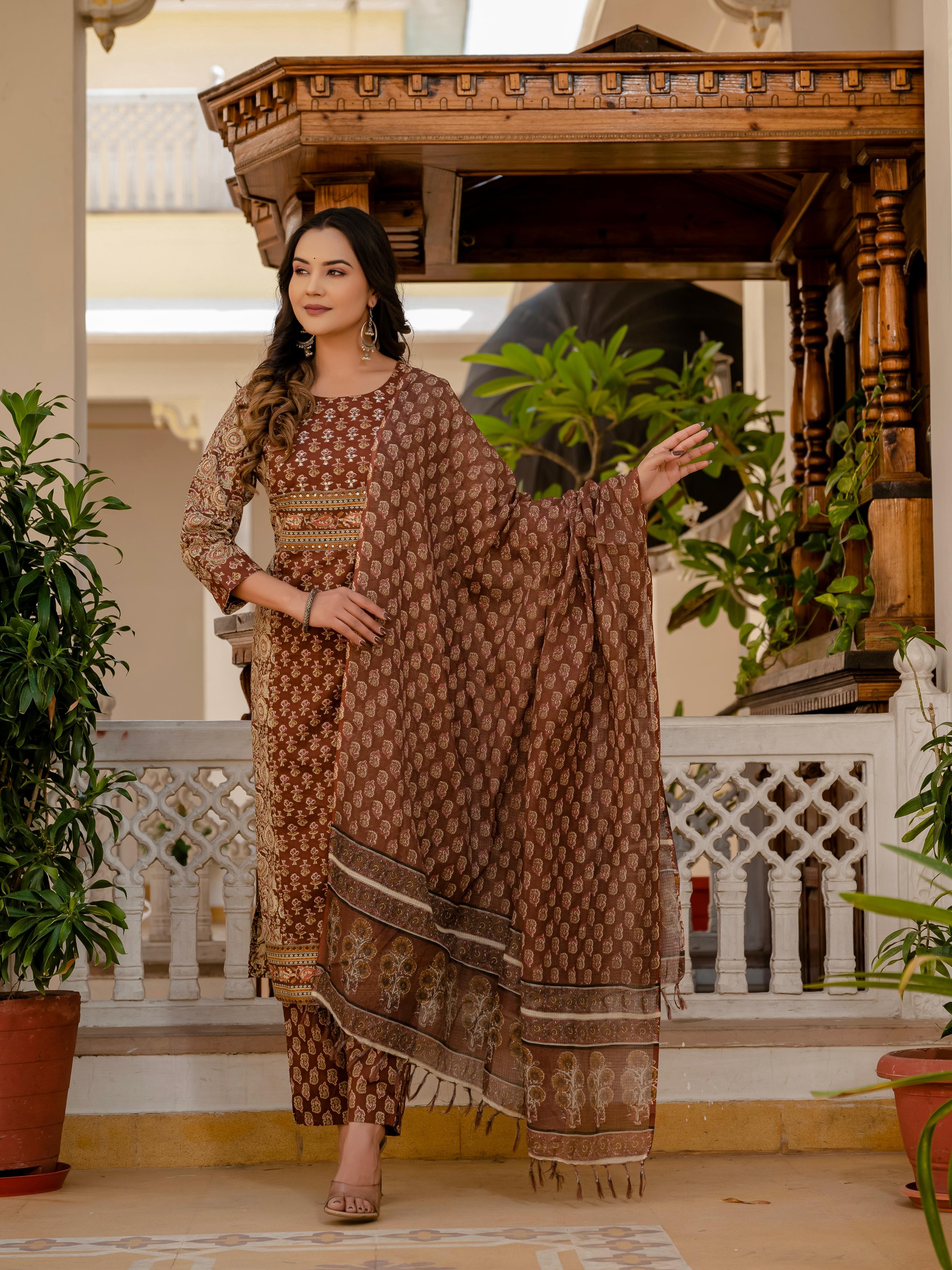 Brown Printed Cotton Kurti Set