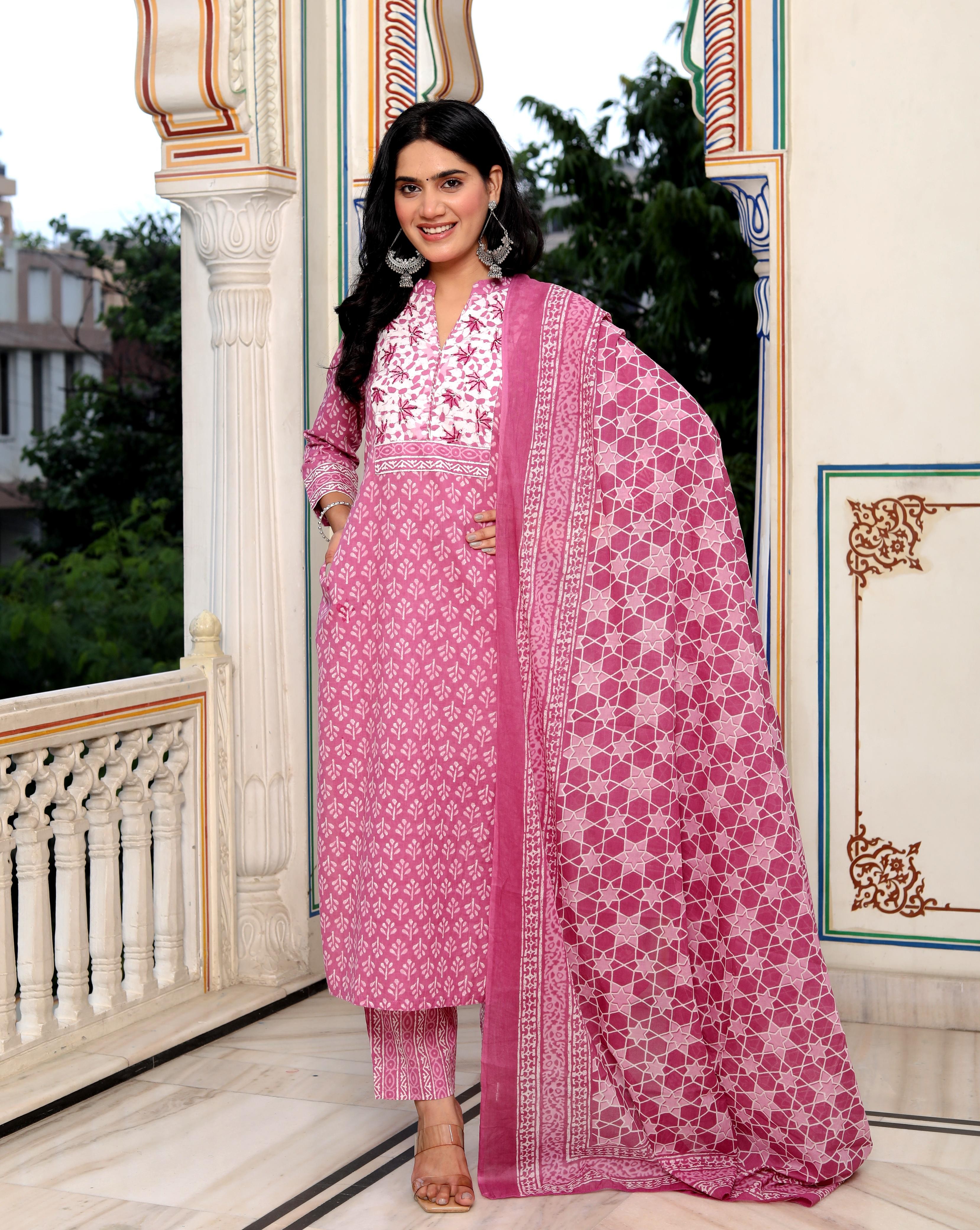 Pink Geometric Block Print kurti Pant And Dupatta Set