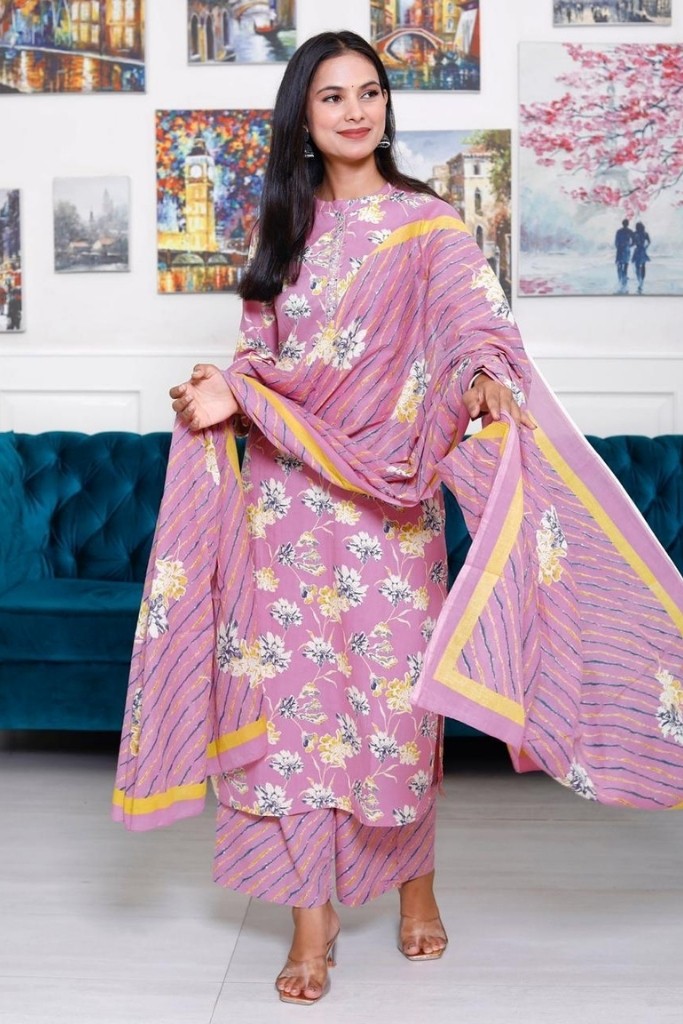 Pink With Floral Print Kurta Palazzo & Dupatta Set