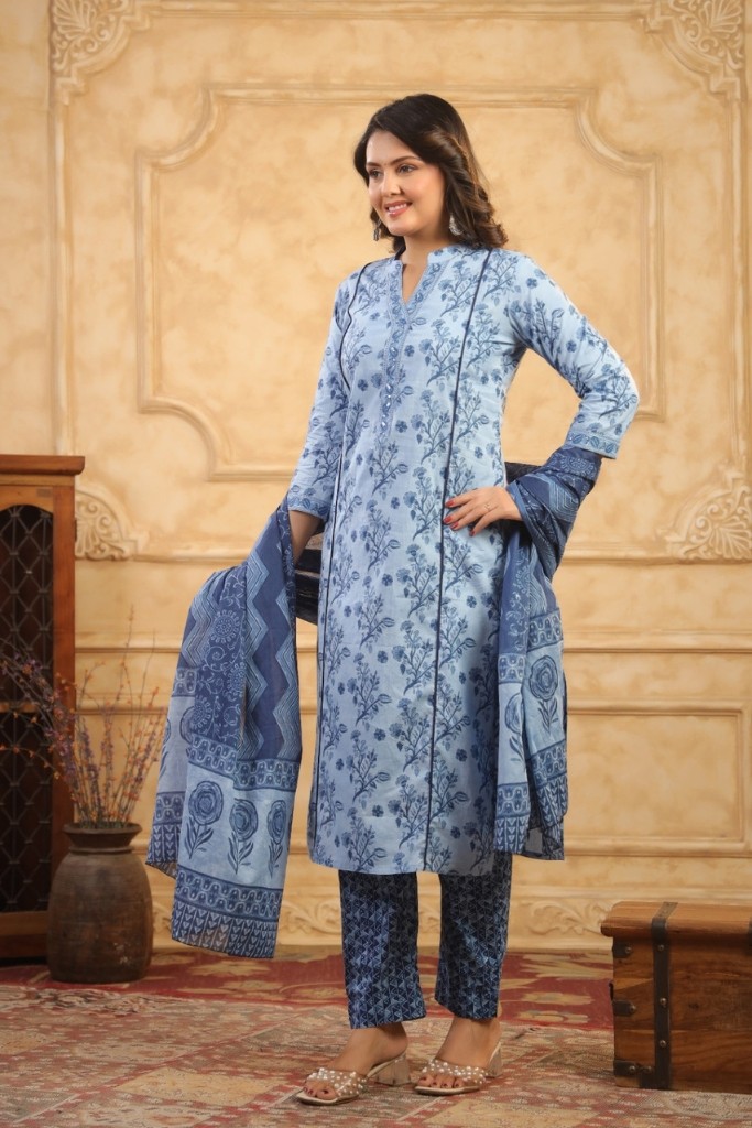 White and Blue Kurti Pent Dupatta Set