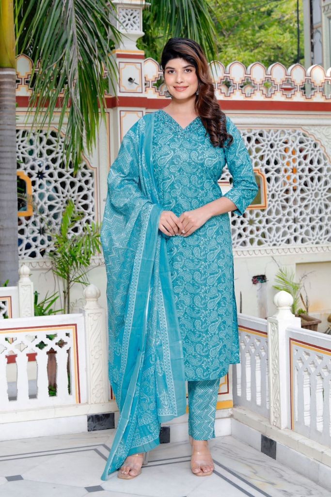 Sky Blue Pant Kurta Set With Duppata