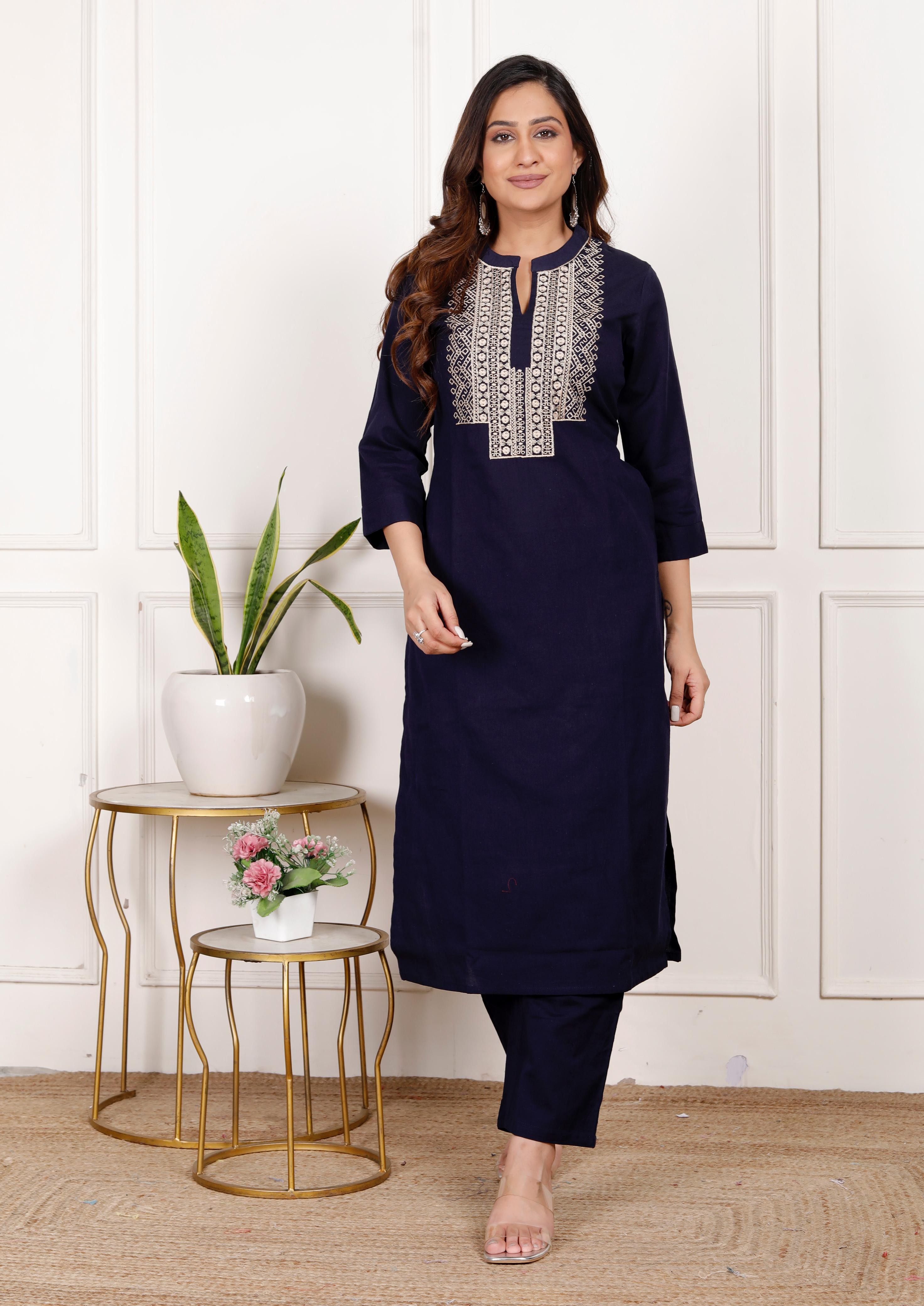 Cotton Flex Embroidered Kurta Pant Set – Navy blue