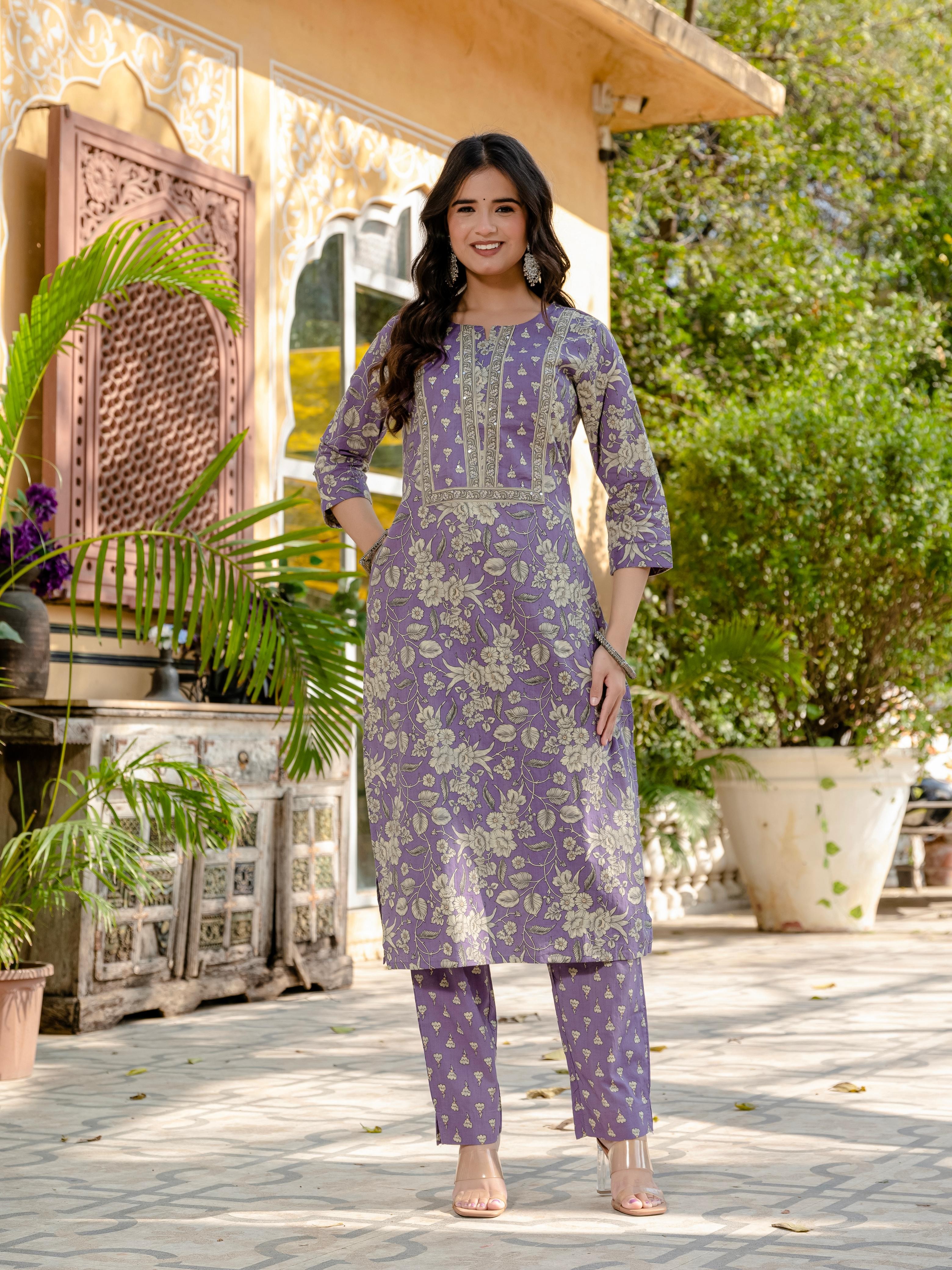 Beautiful Lavender With Floral Print Kurti Pant And Dupatta set