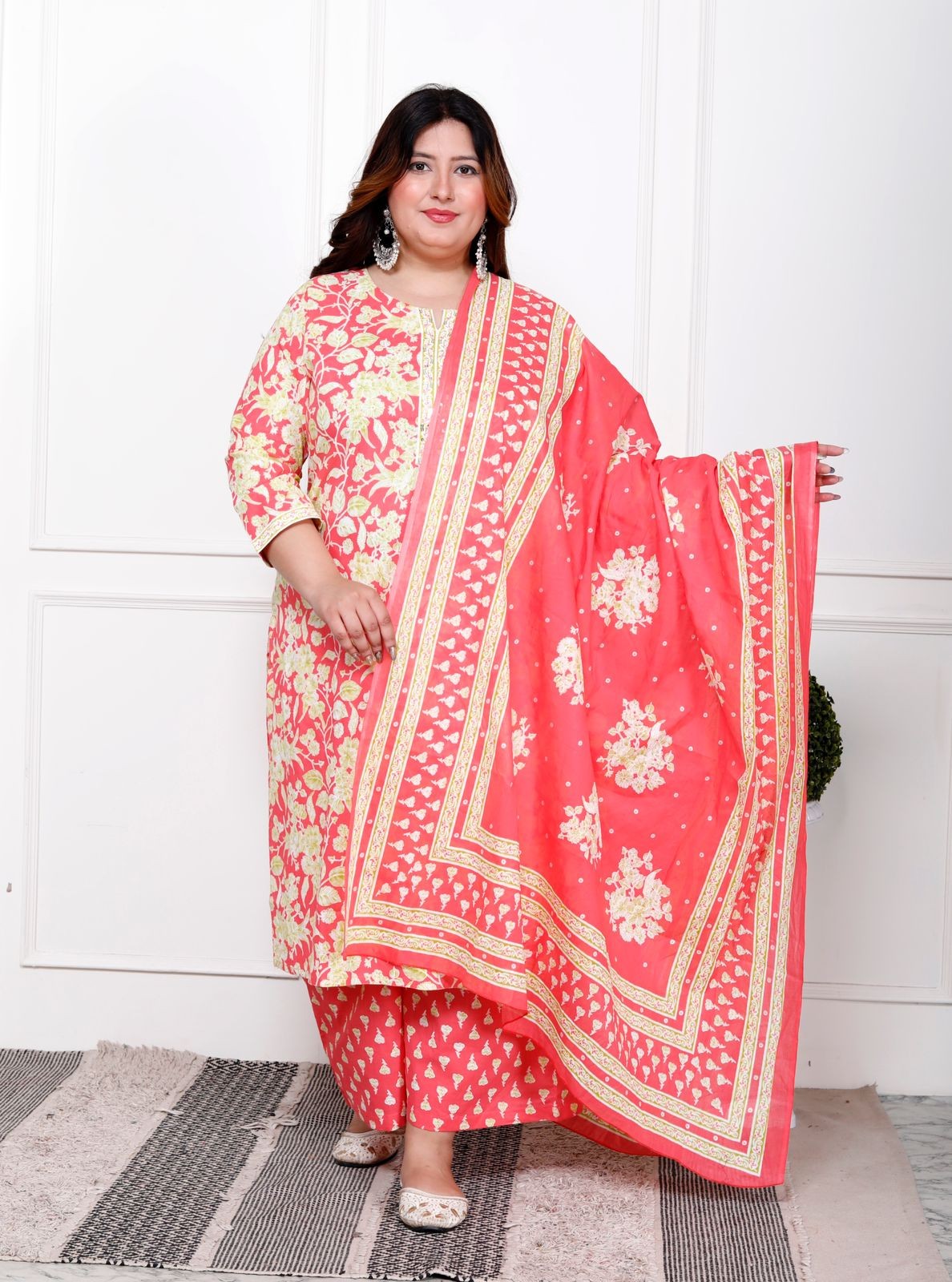Pink With Yellow Floral Print Kurti Pant And Dupatta Set