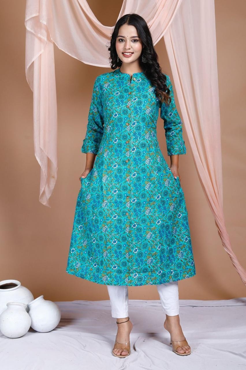 New Floral Print A Line Green Kurta