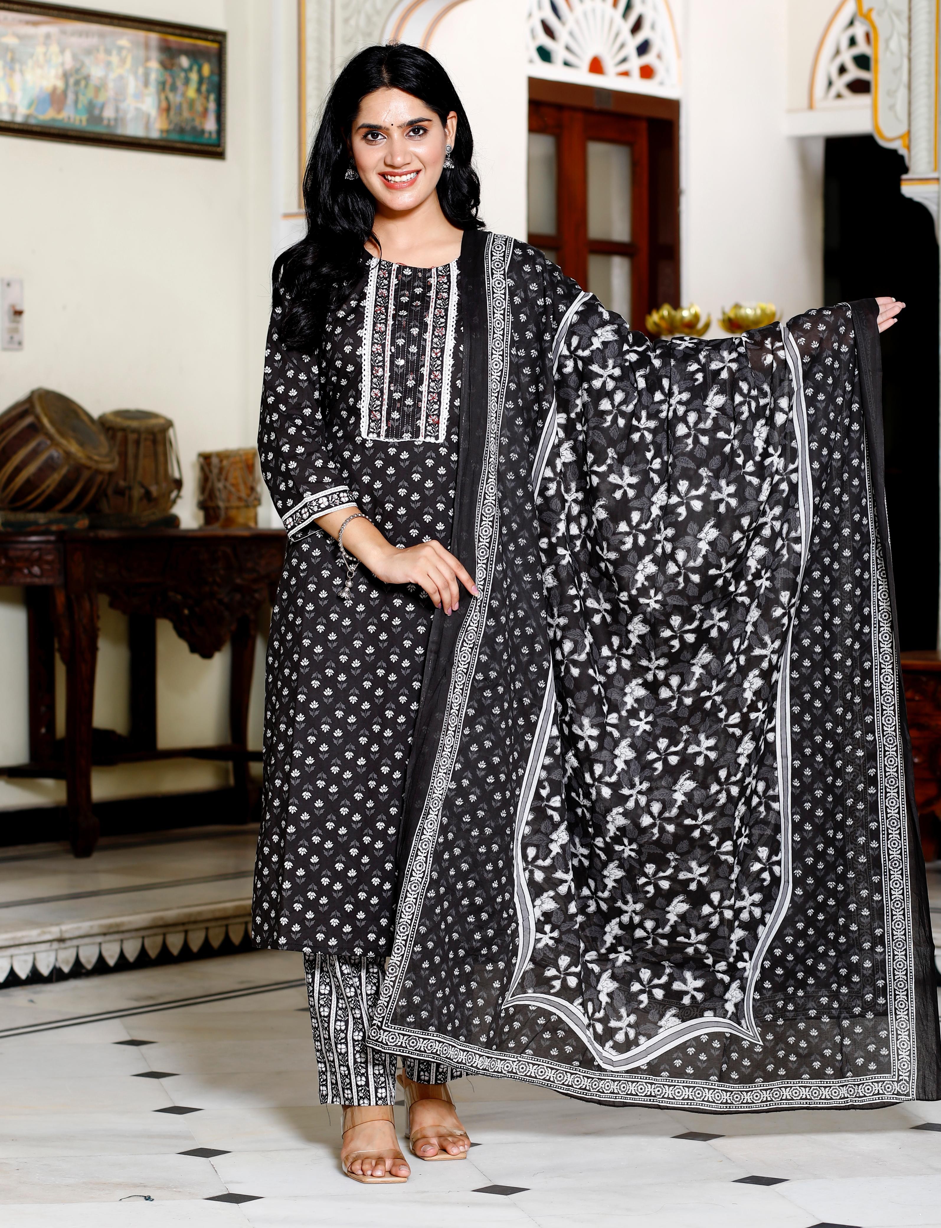 Women's Black & White Cotton Kurta with Pant and Dupatta Set
