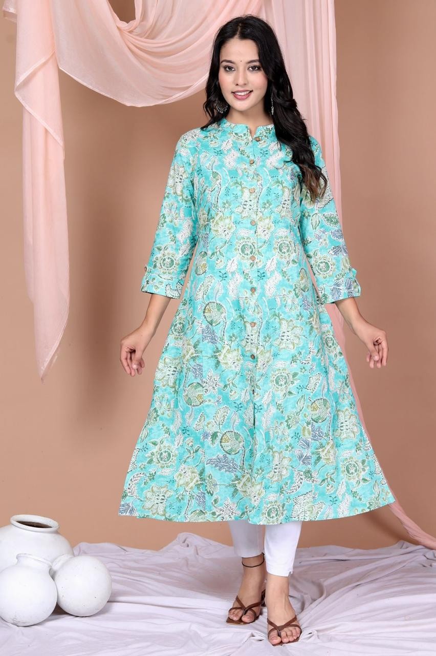 Woman Light Sky Blue With Floral Print A Line Kurta