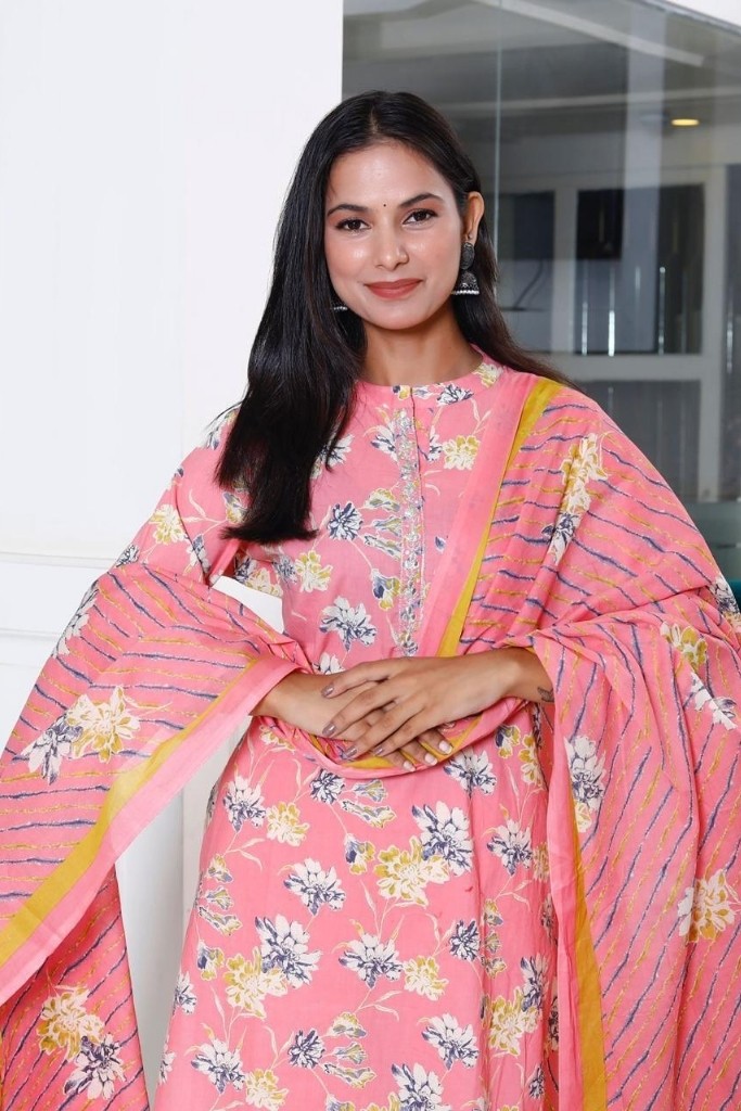 Peach And White Plazo Kurta Dupatta Set