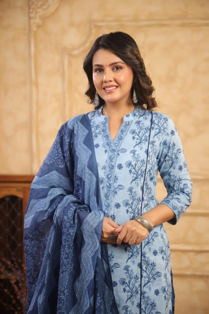 White and Blue Kurti Pent Dupatta Set