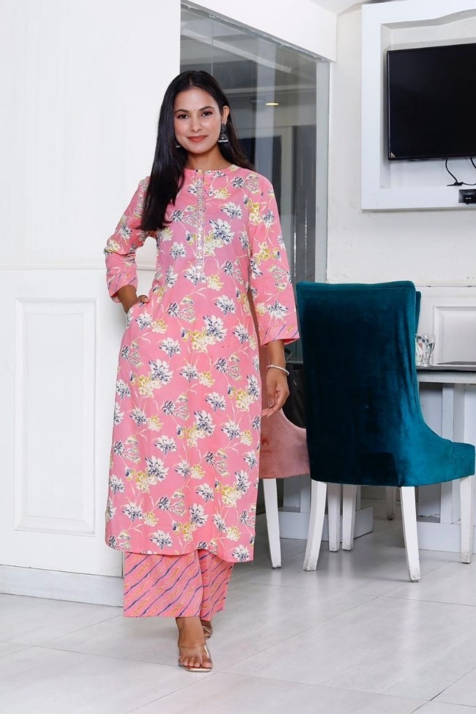 Peach And White Plazo Kurta Dupatta Set