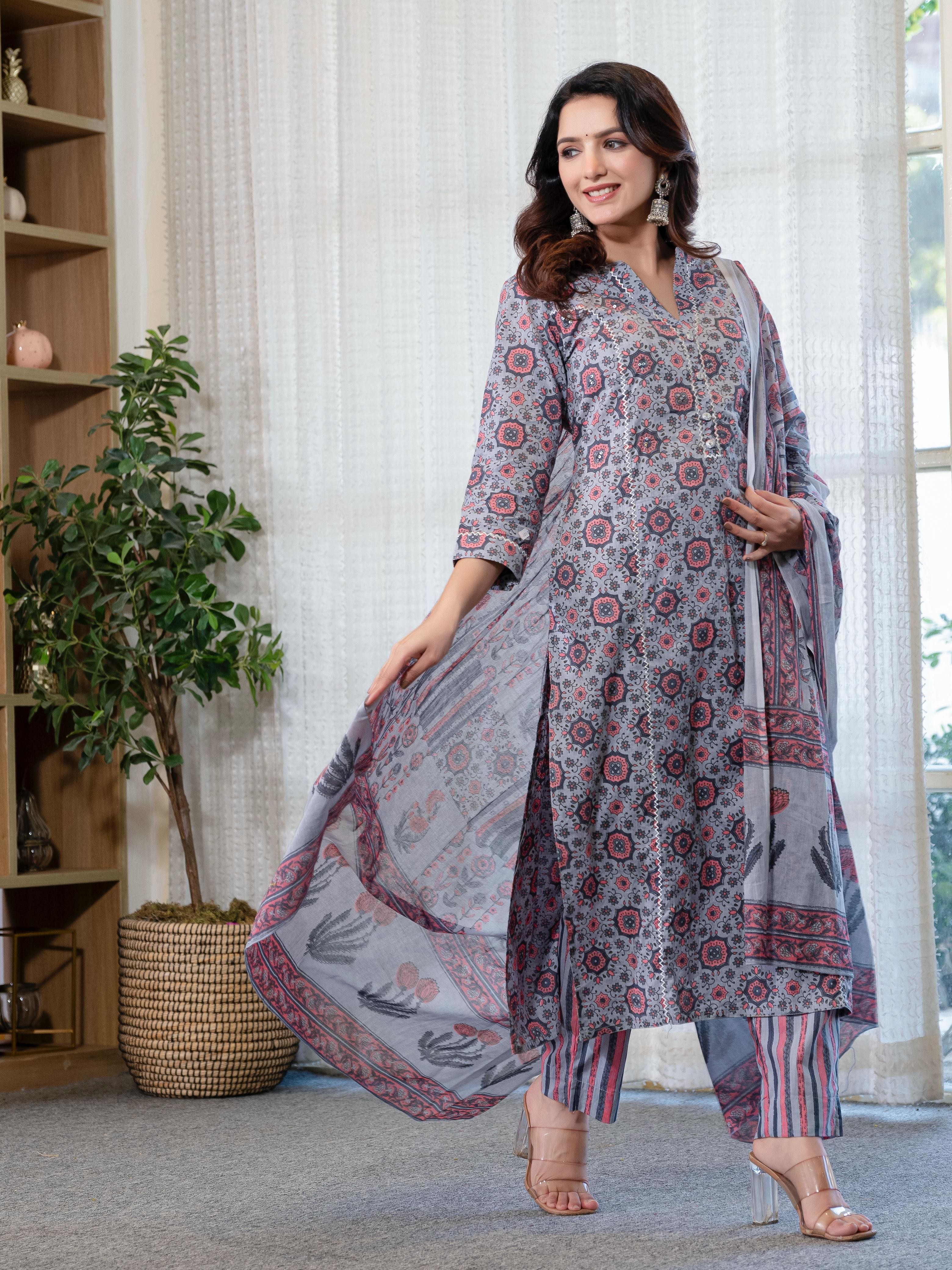 Cotton Summer Gray Kurti Pant And Dupatta Set