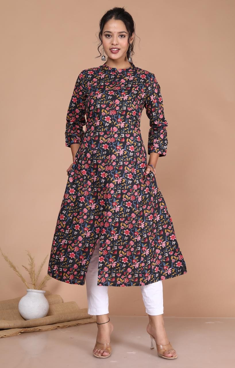 New Floral Print A Line Black Kurta