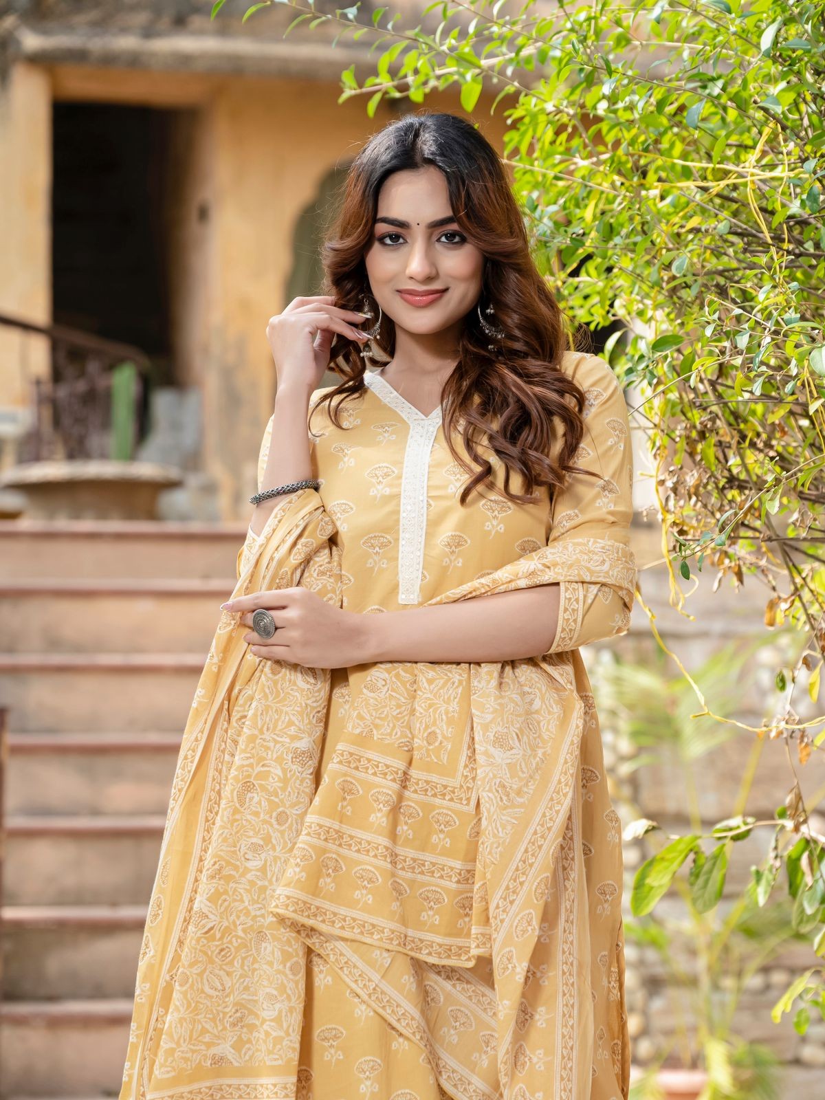Yellow Floral Print Kurta with Dupatta Set