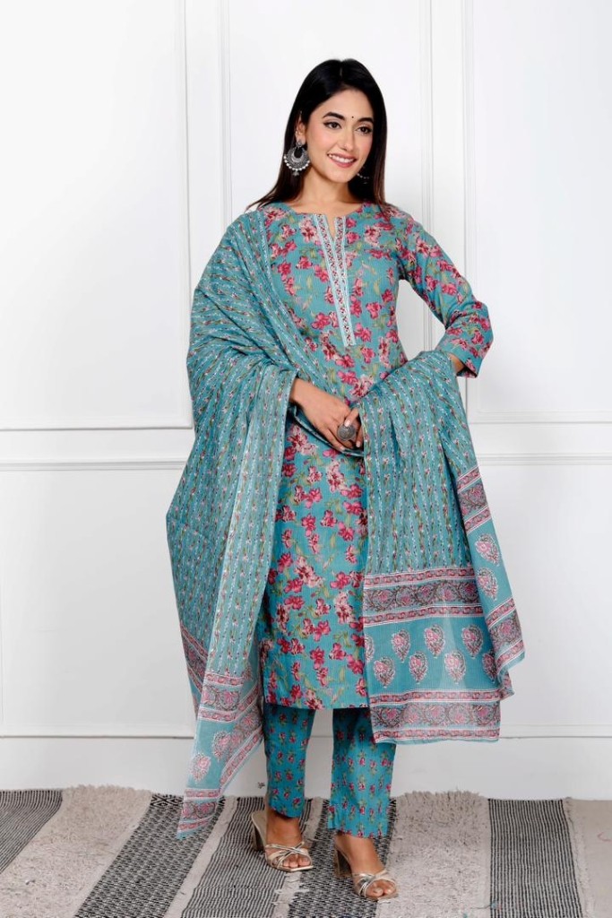 Green With Pink Floral-print-Kurta Pant Dupatta Set