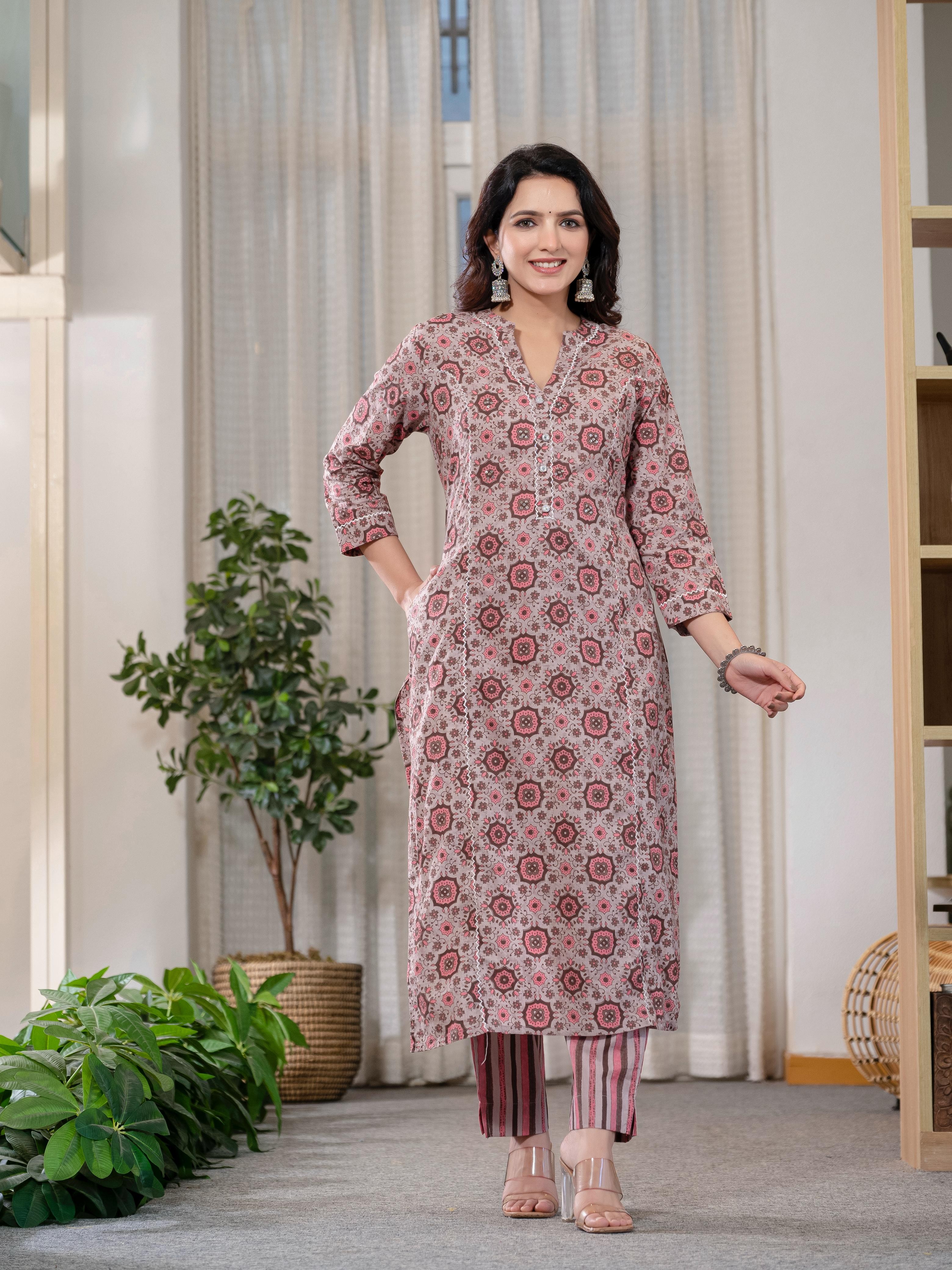 Cotton Summer  Dusty Rose Kurti Pant And Dupatta Set