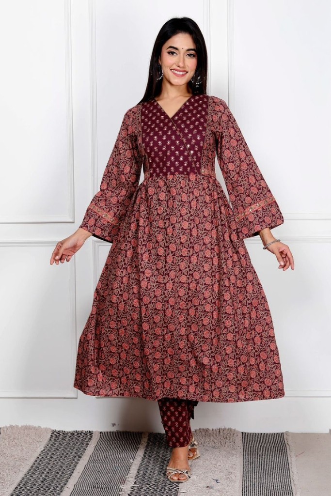 Maroon And Light Brown Angrahka Suit