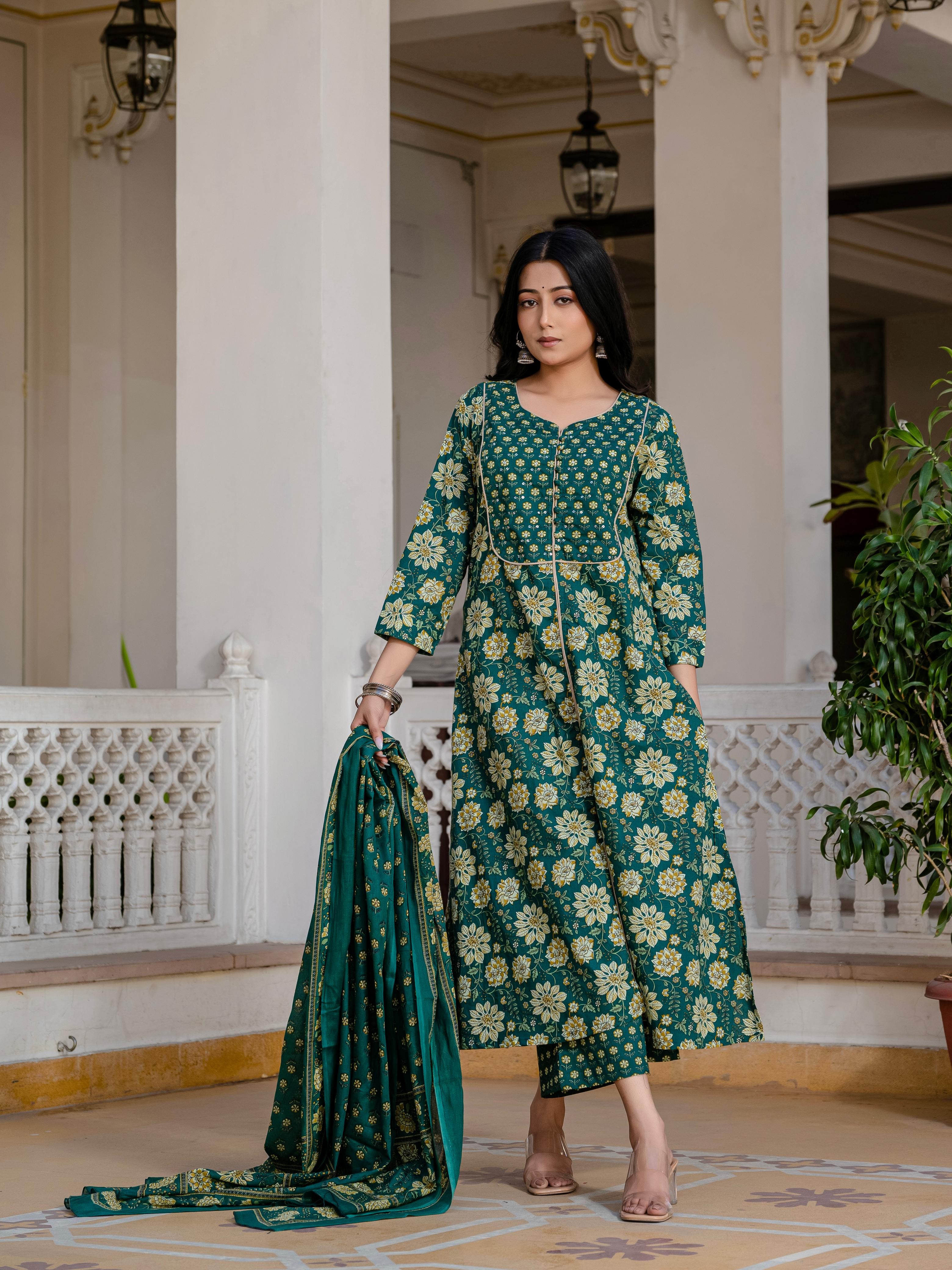Green Floral Printed A-line Kurta Set - Soft & Elegant