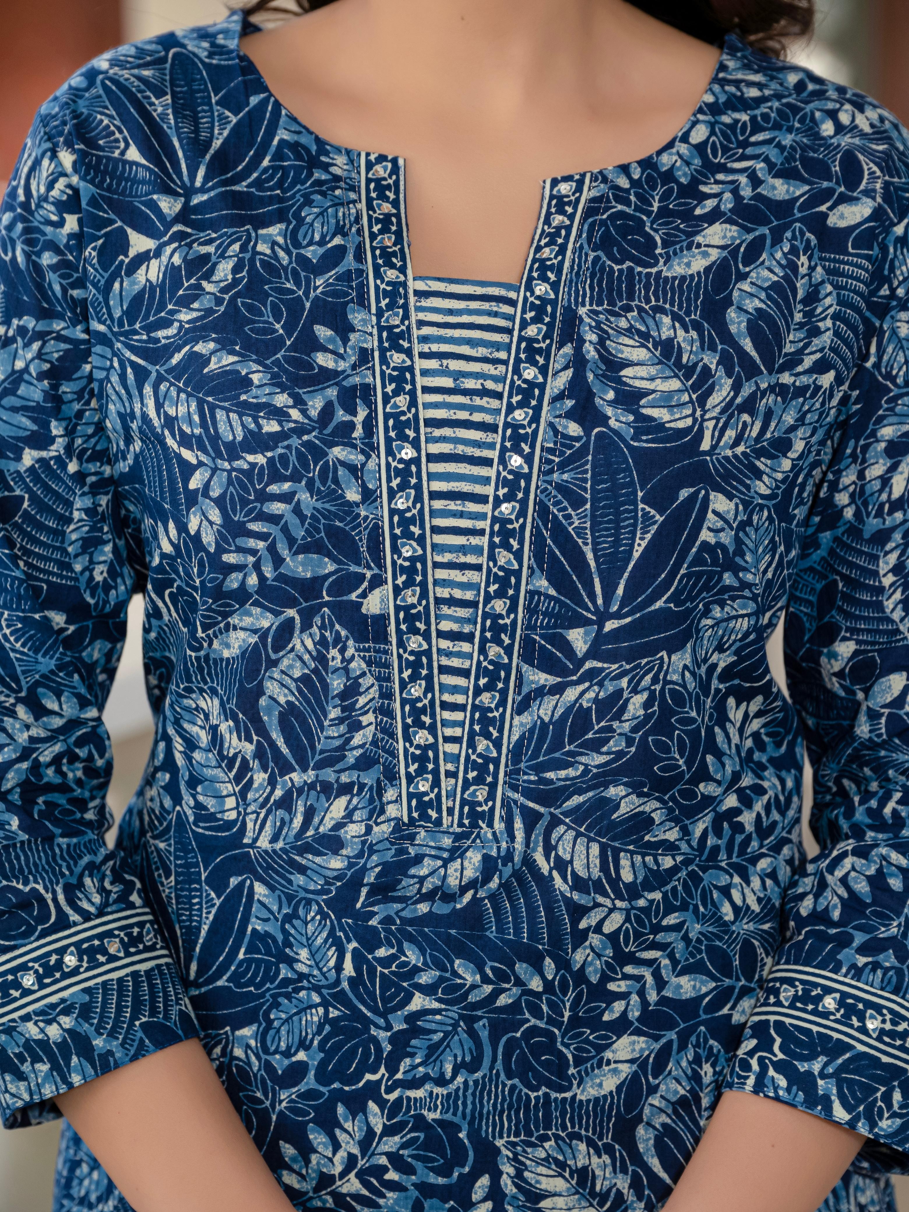Elegant Indigo  Cotton Kurta Set with Dupatta - Hk Vastra