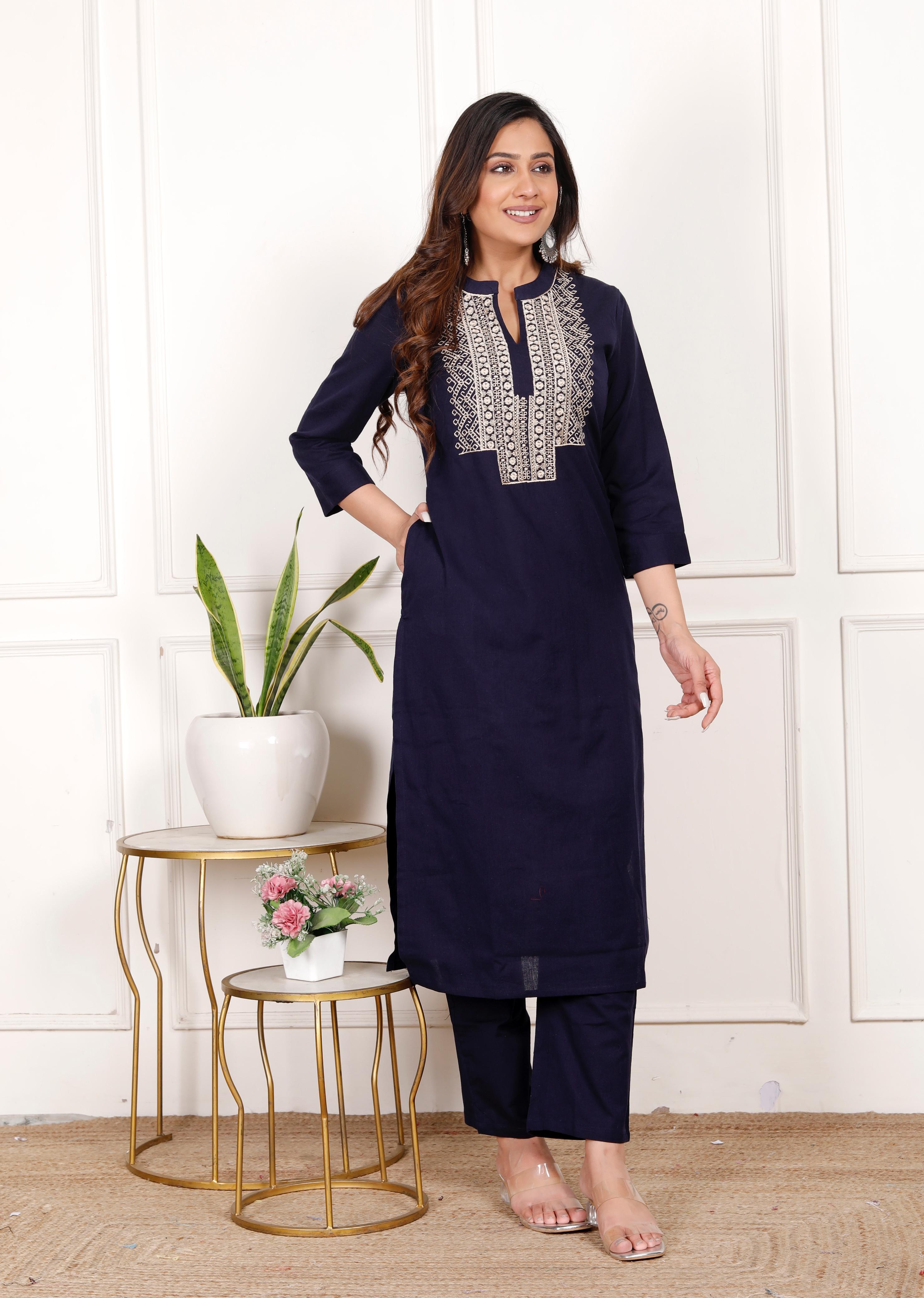 Cotton Flex Embroidered Kurta Pant Set – Navy blue