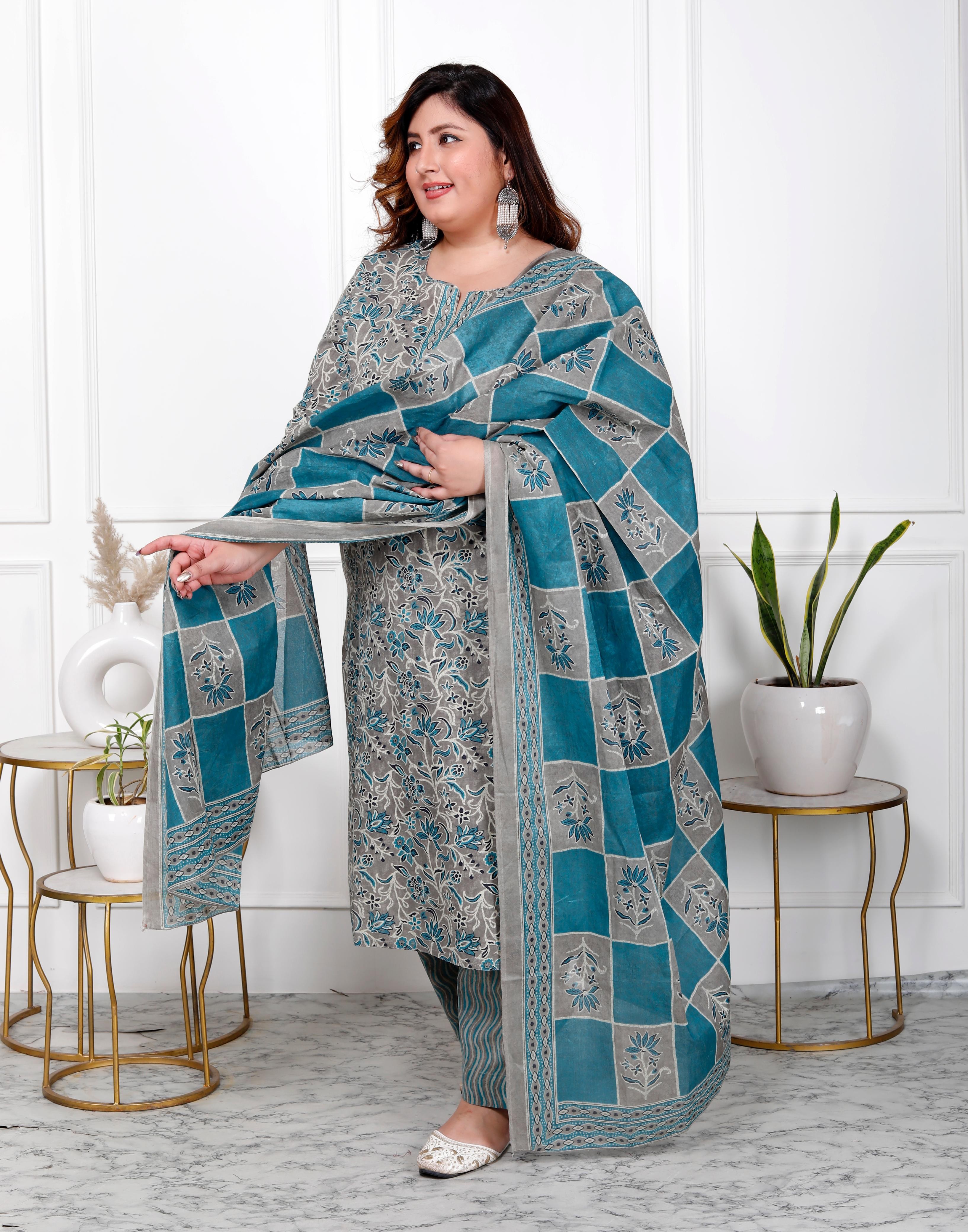 Teal Blue With Gray Kurti Pant And dupatta Set