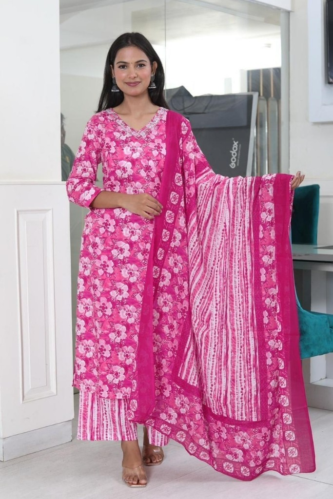 Latest Pink White Kurta Palazzo Dupatta Set