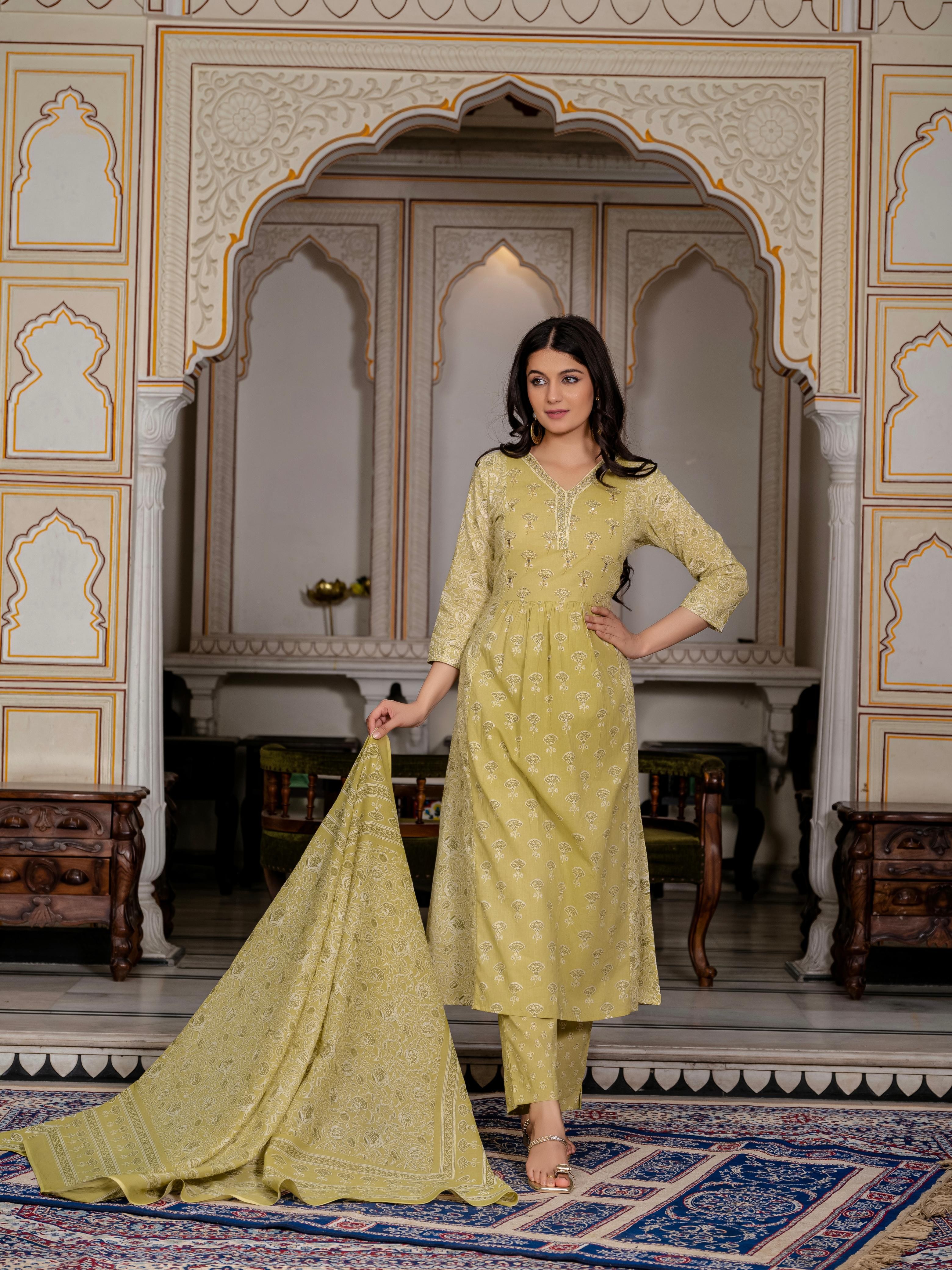Yellow Floral Cotton Kurti Set – Latest Collection