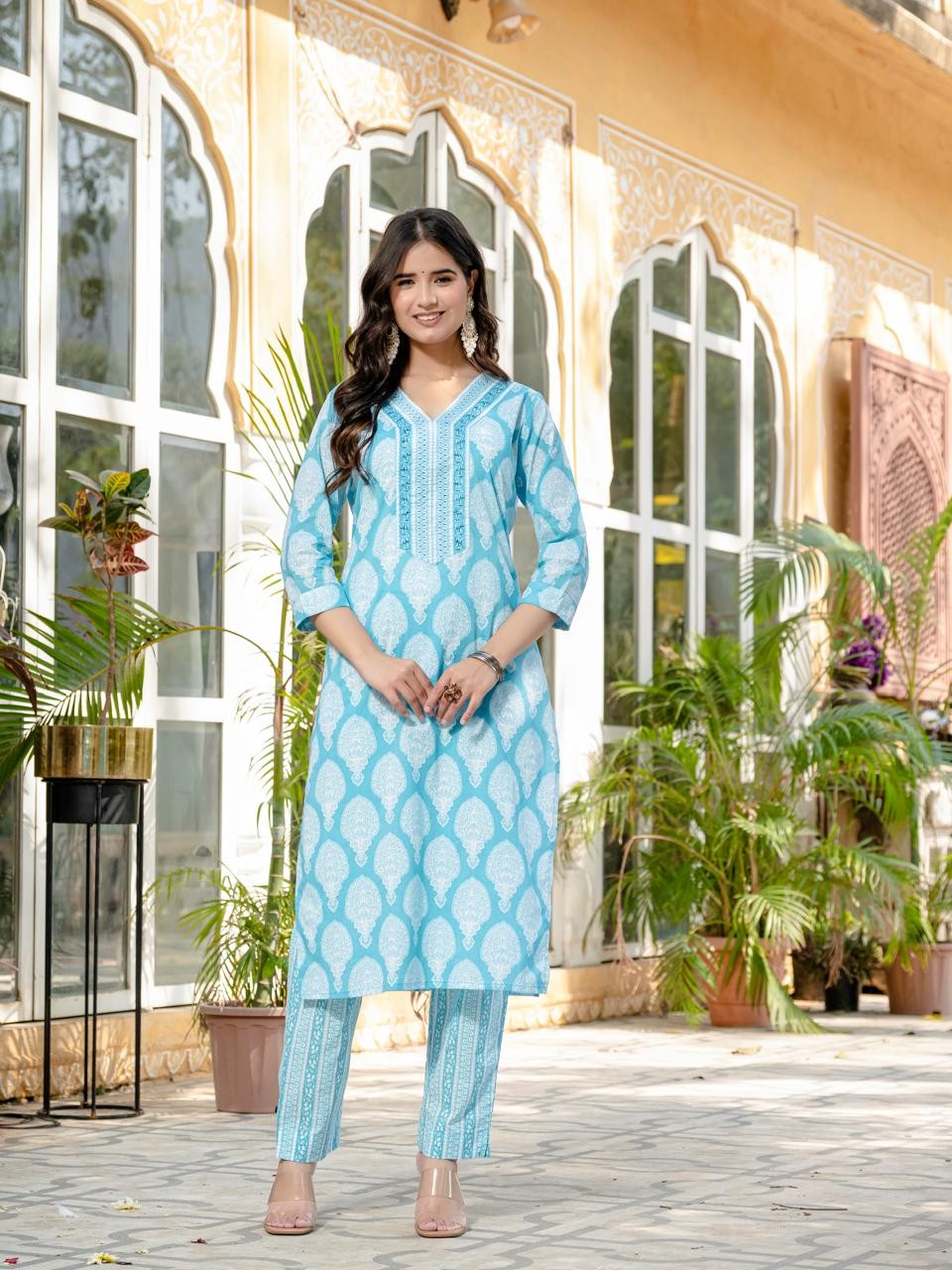 Sky Blue Gamthi Print Kurti Pant And Dupatta Set