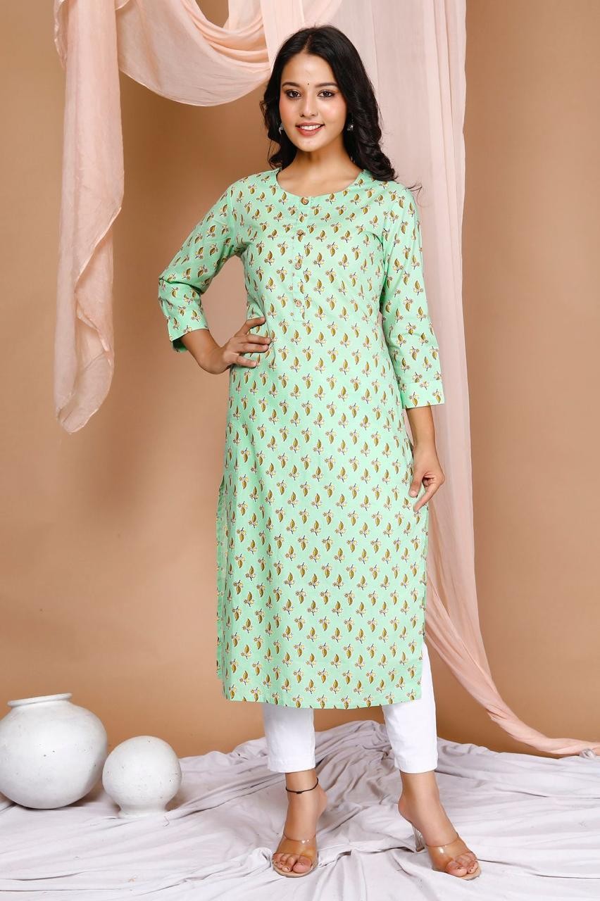 Women Cotton Light Green Printed Round Neck Straight Kurta