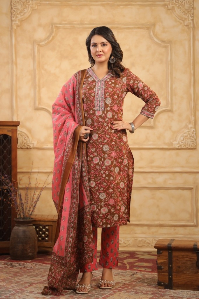 Brown With Pink Kurta Pant And Dupatta