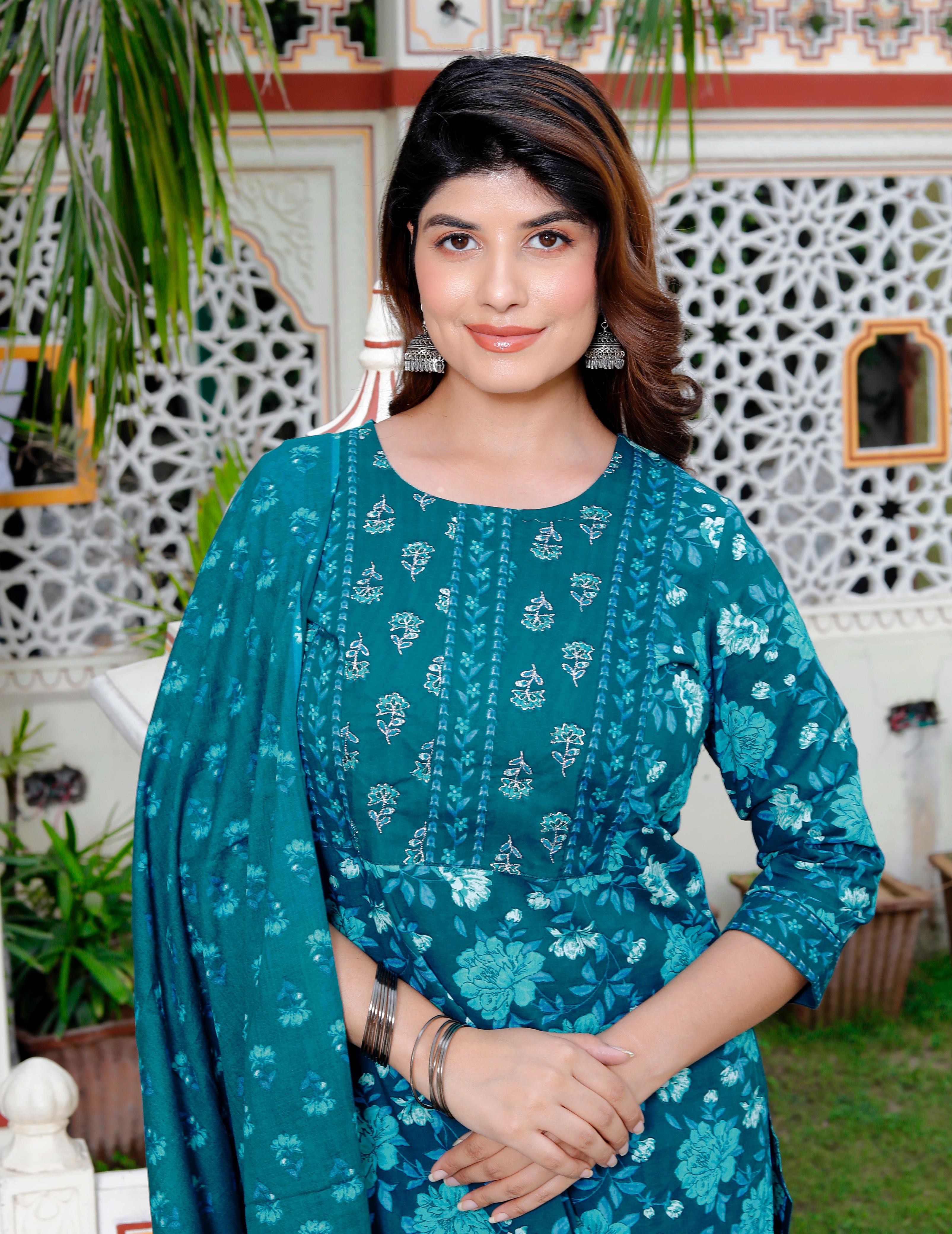Teal Green Floral Printed Cotton Suit Set – HK Vastra