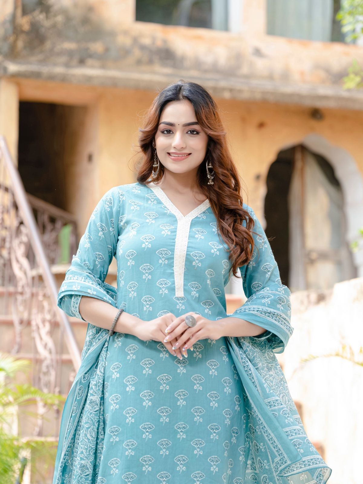 Light Sky Blue Floral Print Kurta Pant And Dupatta Set