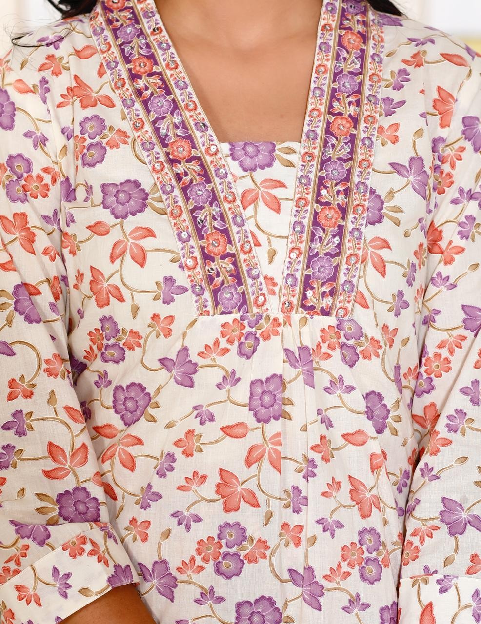 Peach And Purple Floral Print kurti Pant Dupatta Set