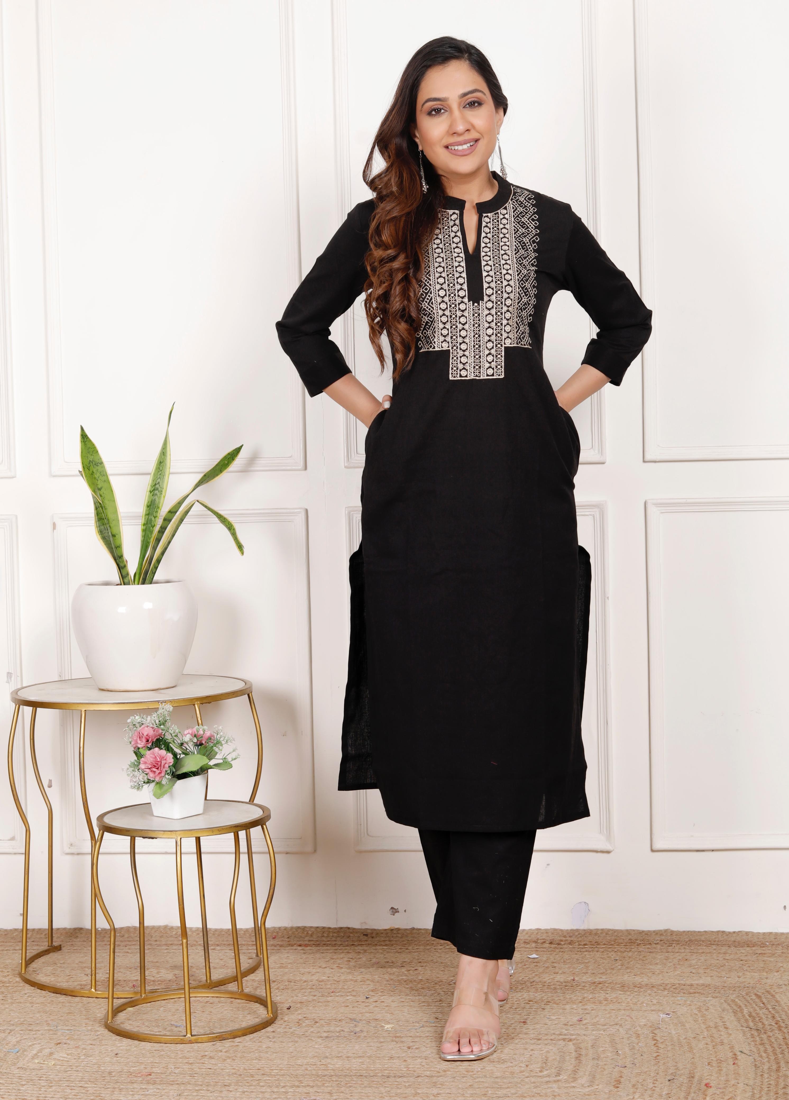 Cotton Flex Embroidered Kurta Pant Set – Classic Black