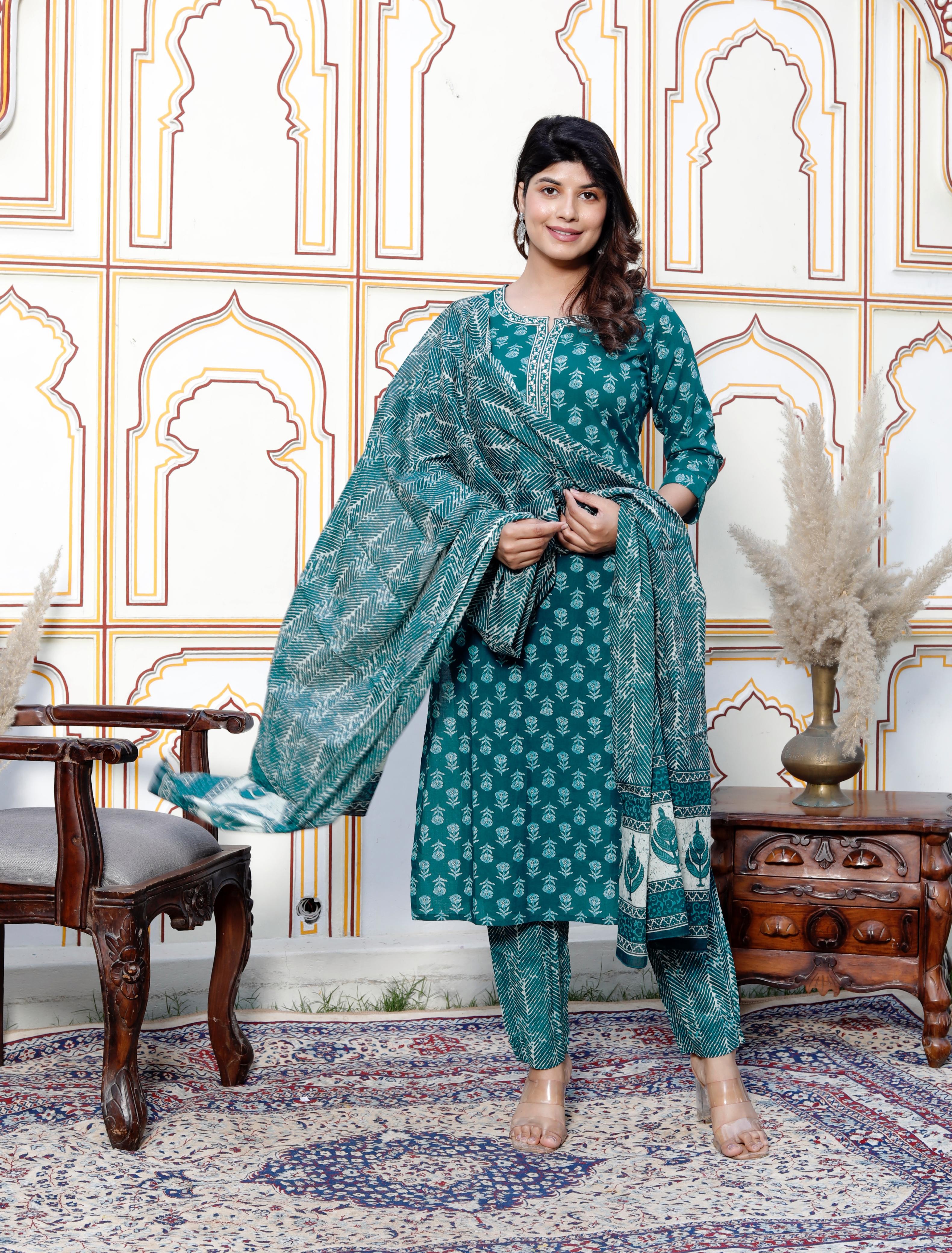 Green Floral Print Cotton Suit – Elegant &  Comfortable
