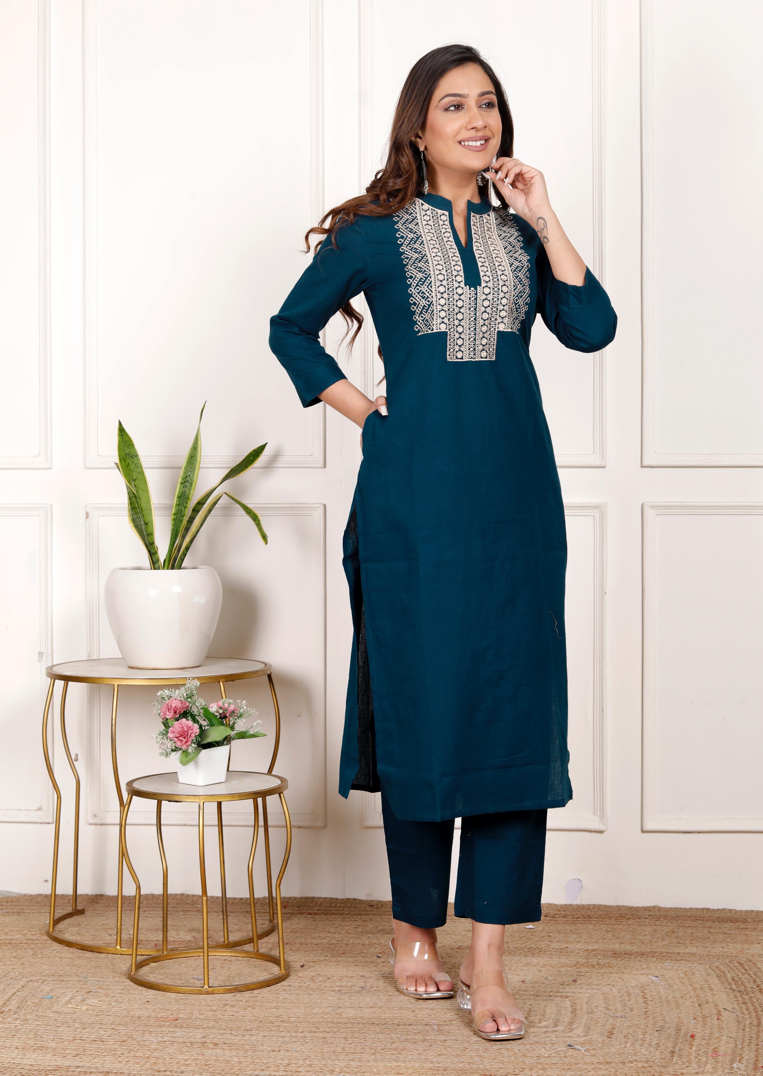 Premium Cotton Flex Kurta Pant Set – Teal Blue