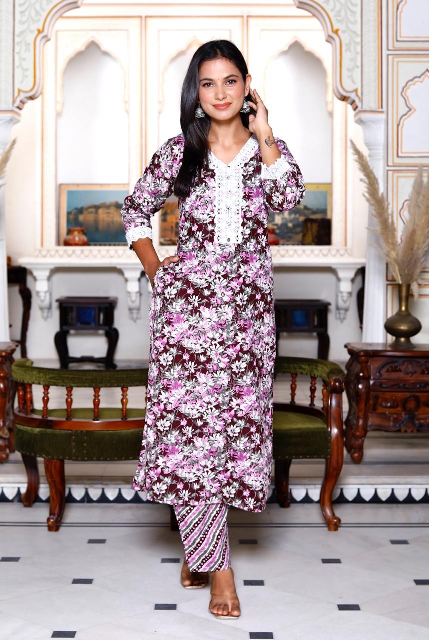 Purple Floral Print Kurti Pant And Dupatta Set