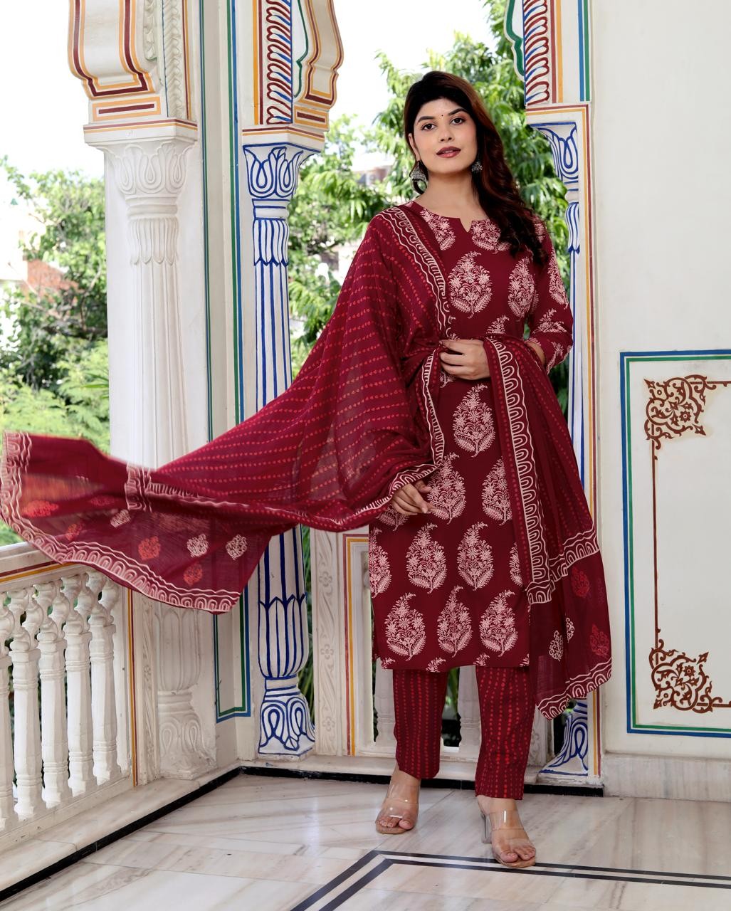 Maroon Floral Print Straight Kurta Pant Dupatta Set