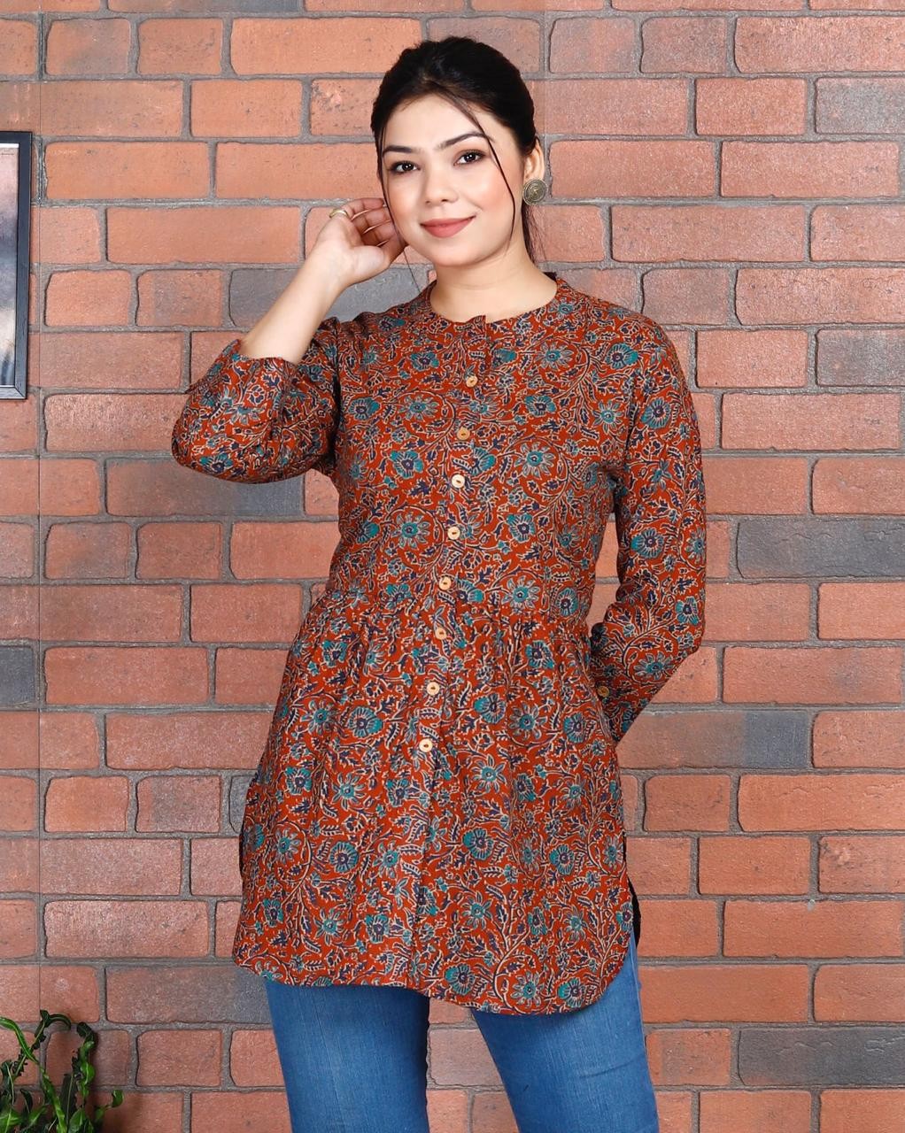 Multi Color Floral Print Cotton Short Top