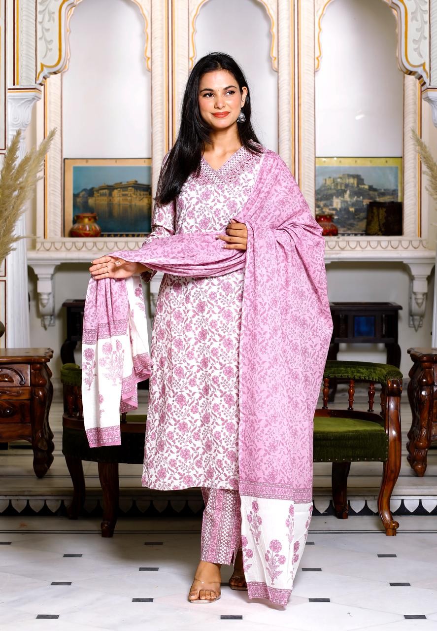 Pink with white kurti pant and Duppata set