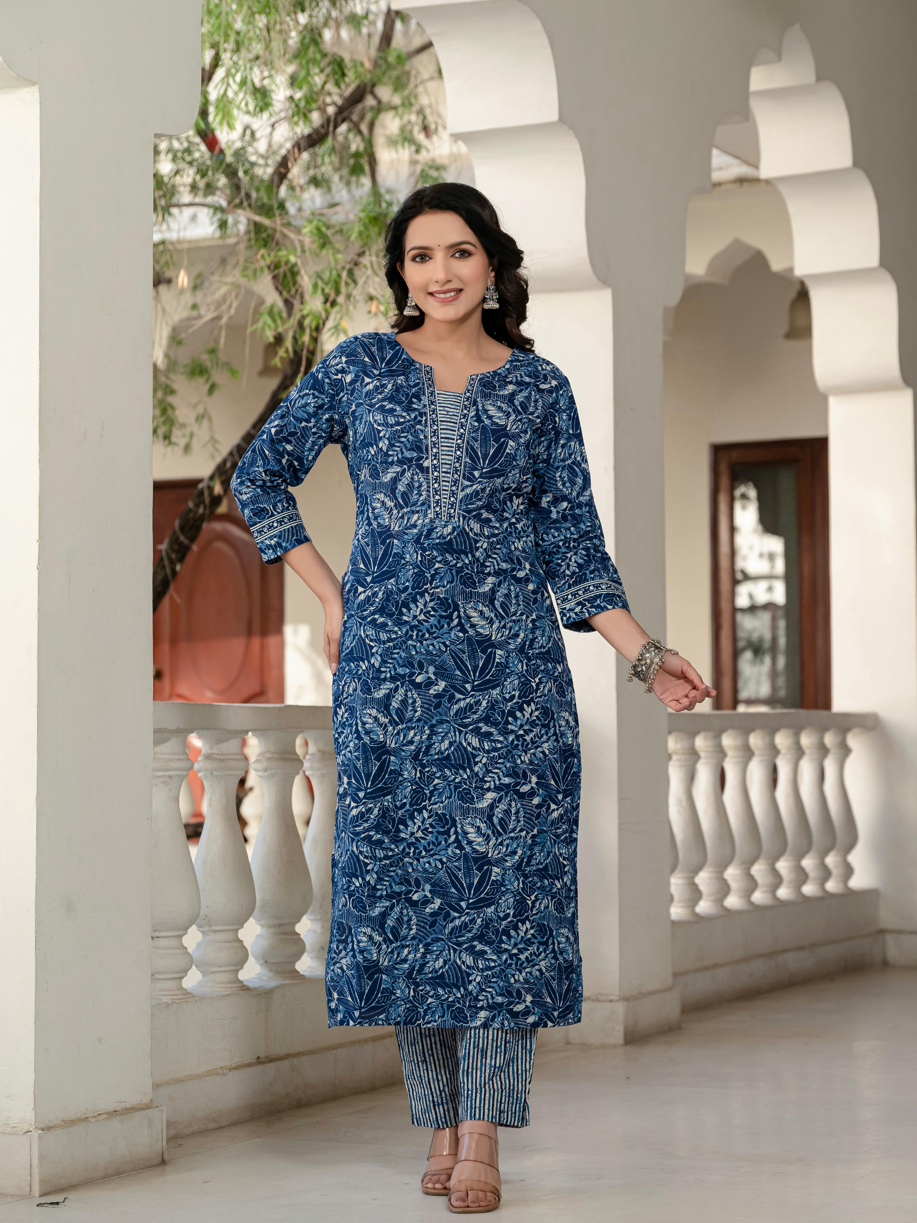 Elegant Indigo  Cotton Kurta Set with Dupatta - Hk Vastra