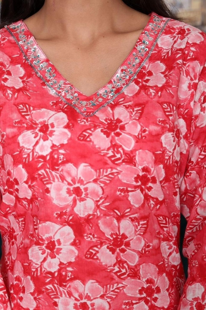 Red-With-White-Floral-Print-Kurta-Palazzo-And-Dupatta Set