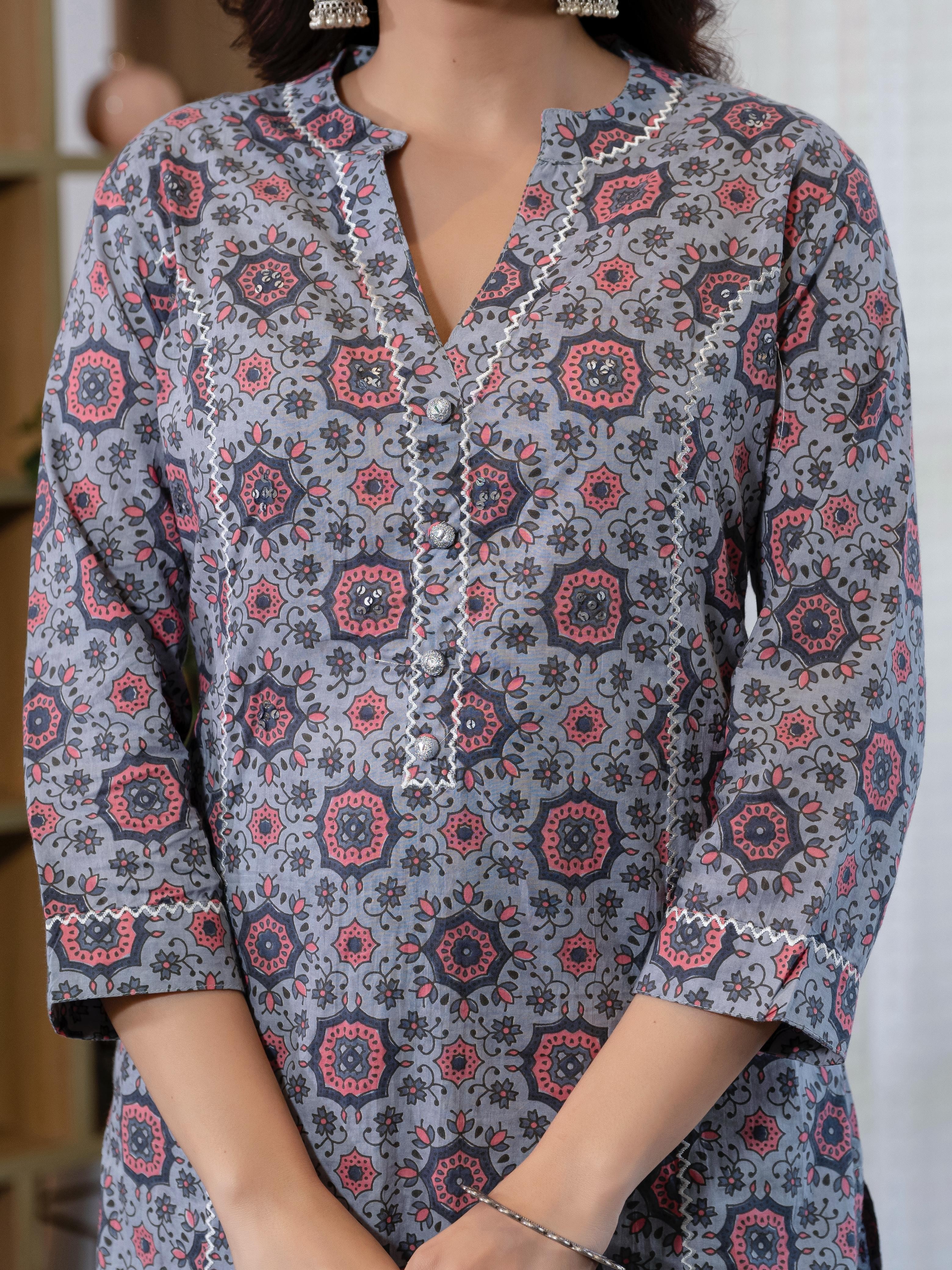 Cotton Summer Gray Kurti Pant And Dupatta Set