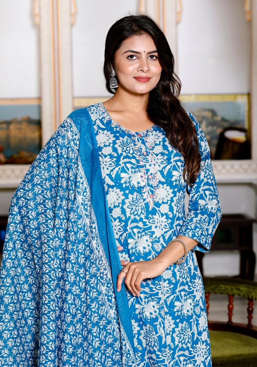 Sky Blue With Floral Print Kurta Palazzo set