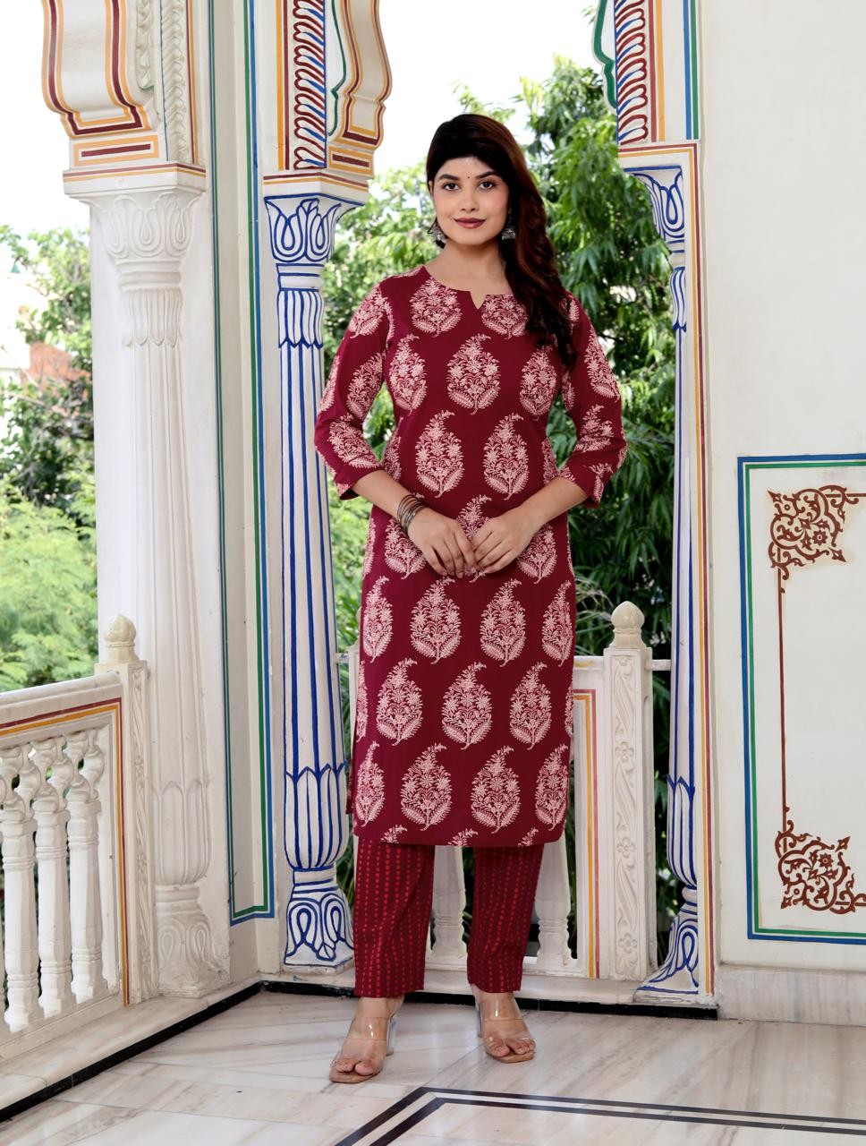 Maroon Floral Print Straight Kurta Pant Dupatta Set