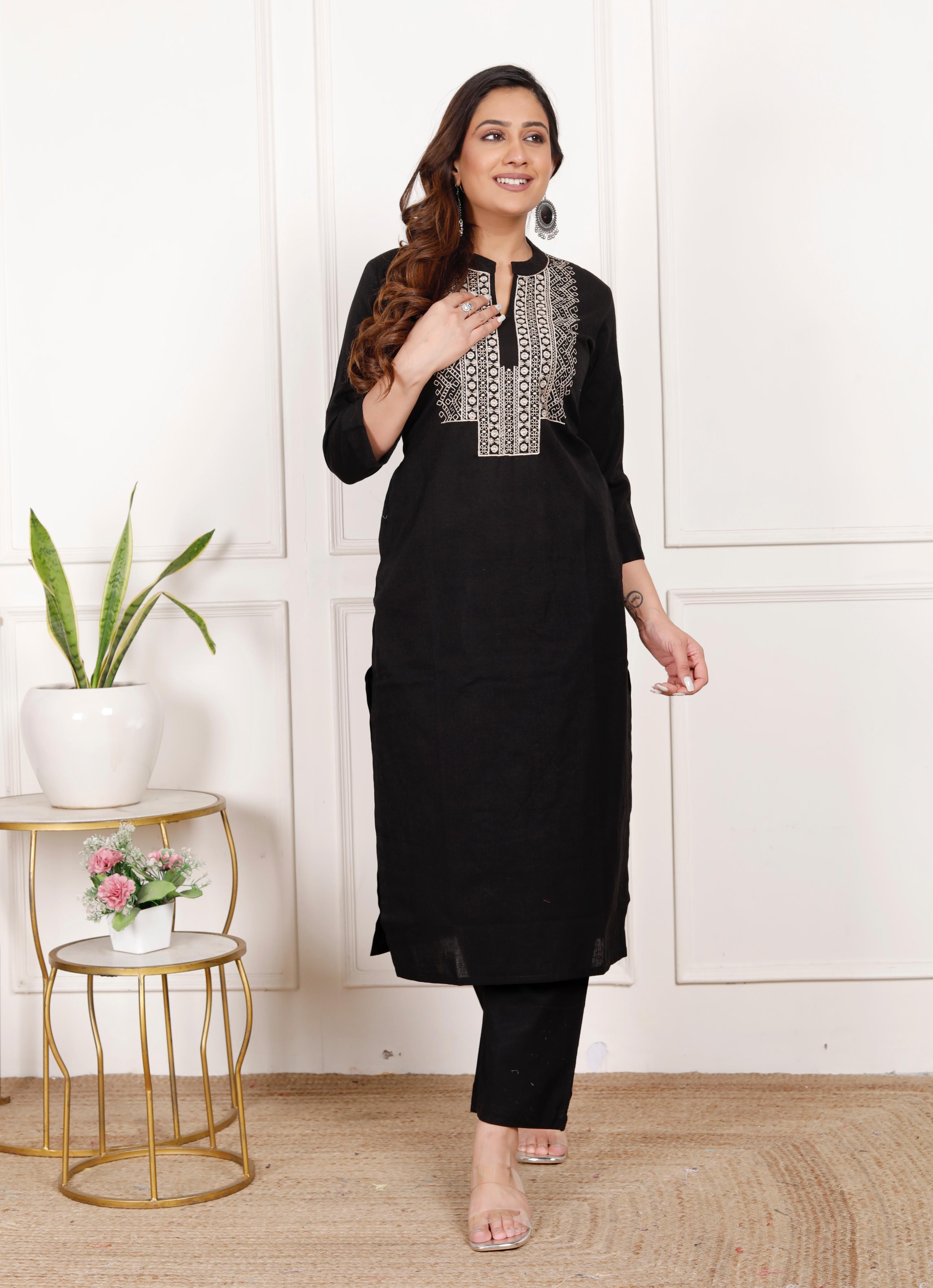 Cotton Flex Embroidered Kurta Pant Set – Classic Black