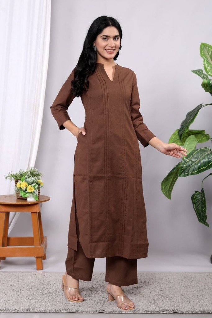 Dark Brown Kurta Pant Set (Flax Cotton Linen)